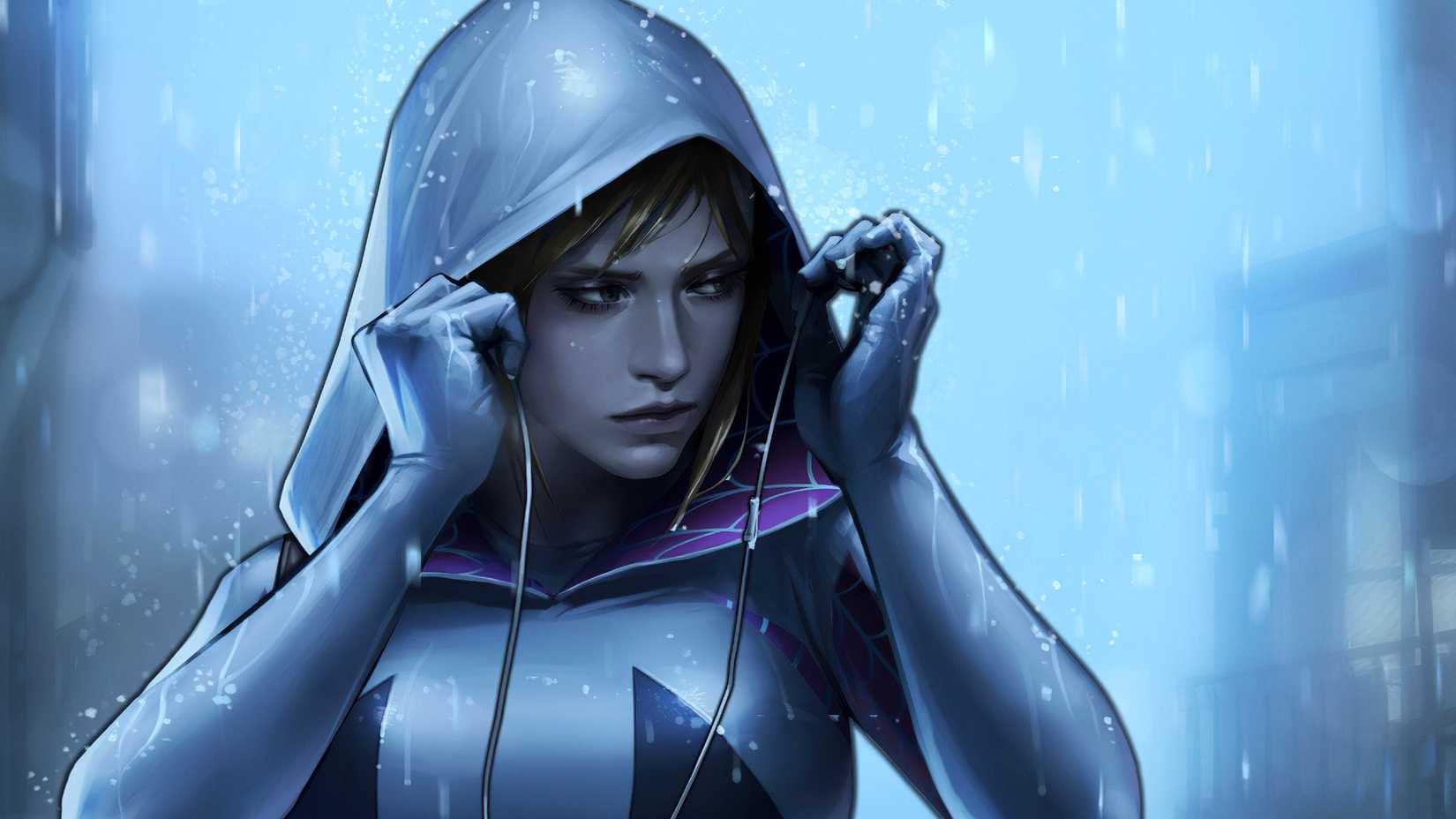 Gwen Stacy aka Ghost-Spider adjusts her hood in Marvel Comics art by Jee Hyung Lee