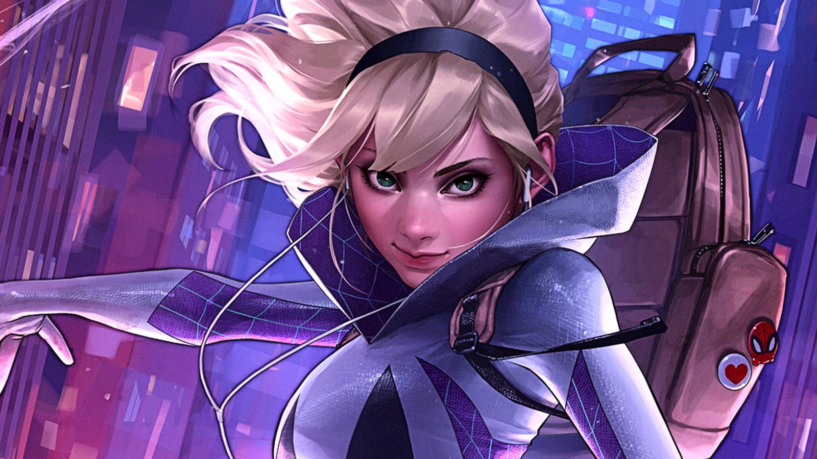 Gwen Stacy aka Ghost-Spider web-swings through New York carrying a backpack in Marvel Comics