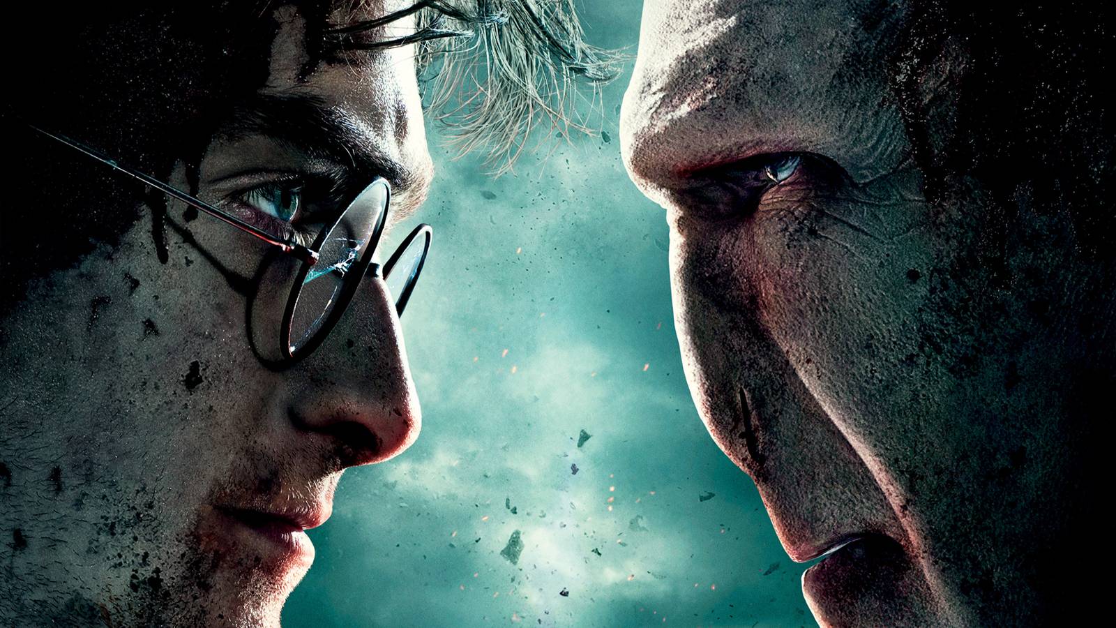 Harry and Voldemort facing off in Harry Potter and the Deathly Hallows