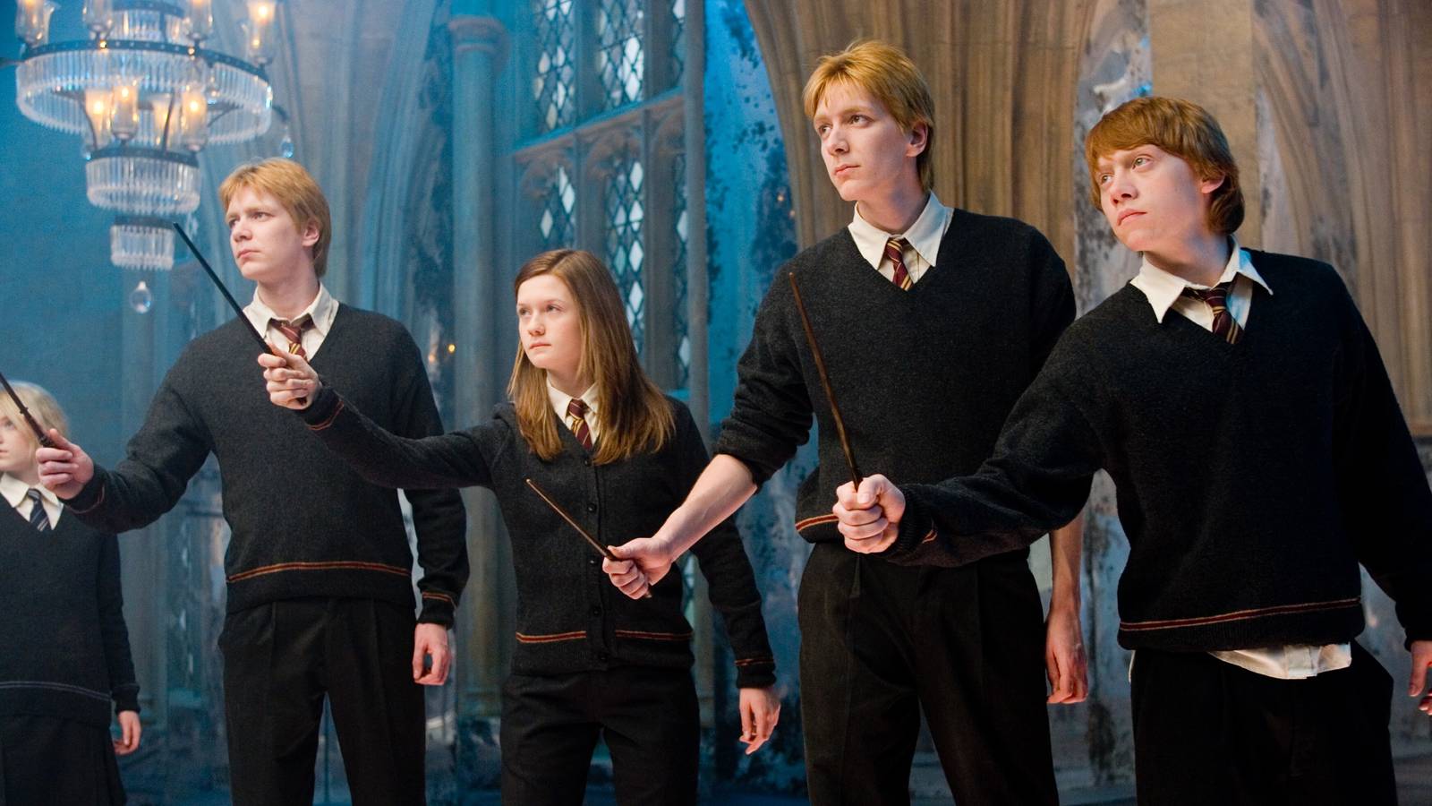 Harry Potter and the Order of the Phoenix's Rupert Grint as Ron Weasley, Bonnie Wright as Ginny Weasley, Oliver Phelps as George Weasley and James Phelps as Fred Weasley