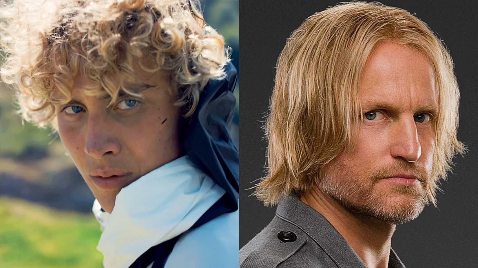 Joseph Zada em Sunrise on the Reaping e Woody Harrelson como Haymitch em Jogos Vorazes
