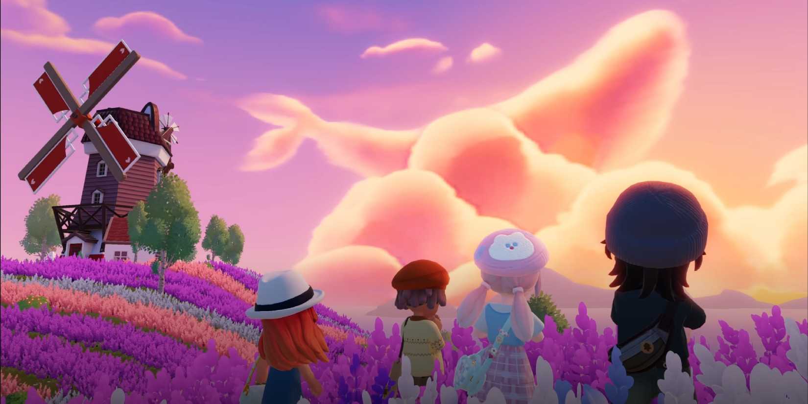 heartopia characters looking at a cloud shaped like a whale