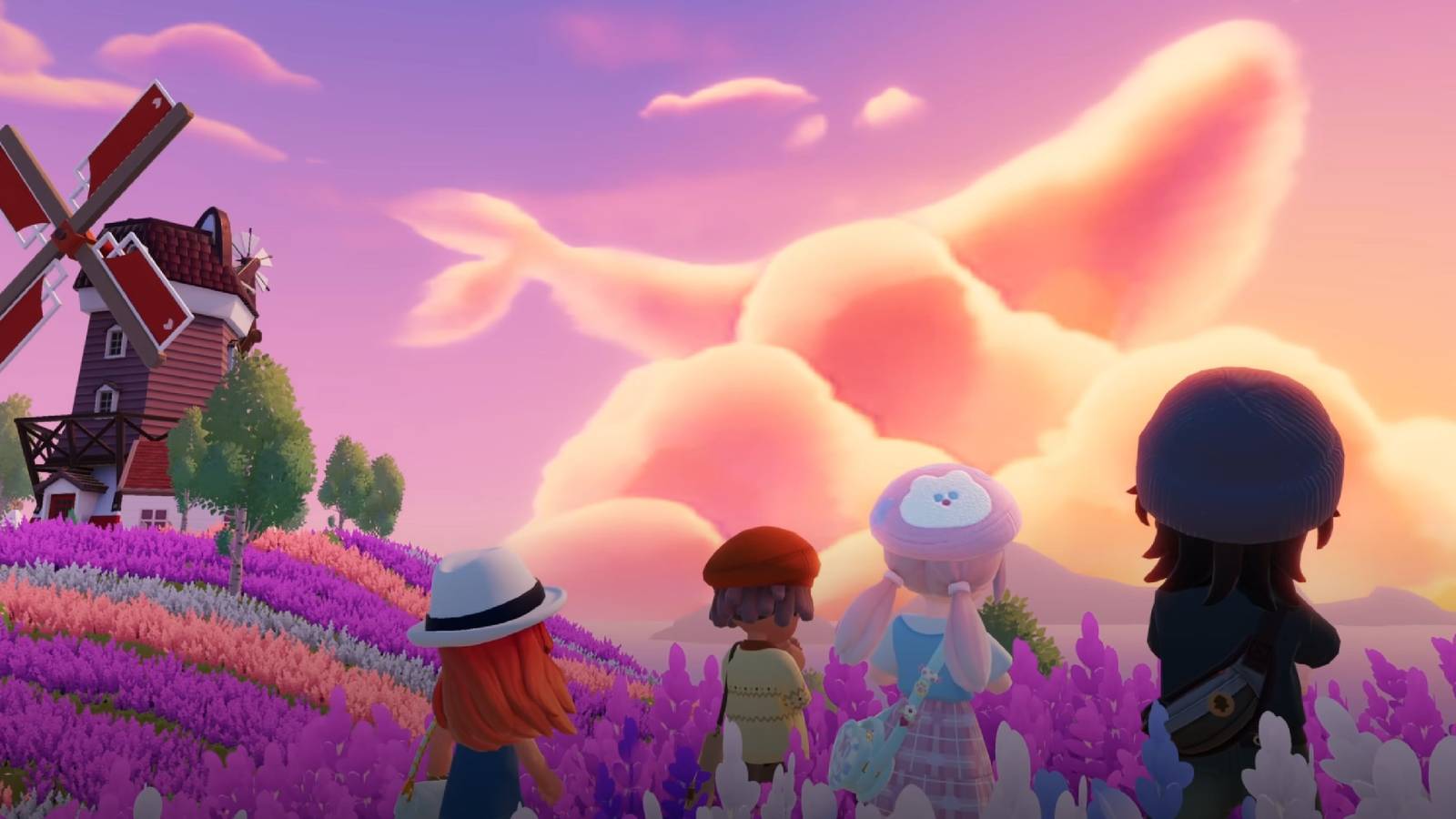 heartopia characters looking at a cloud shaped like a whale