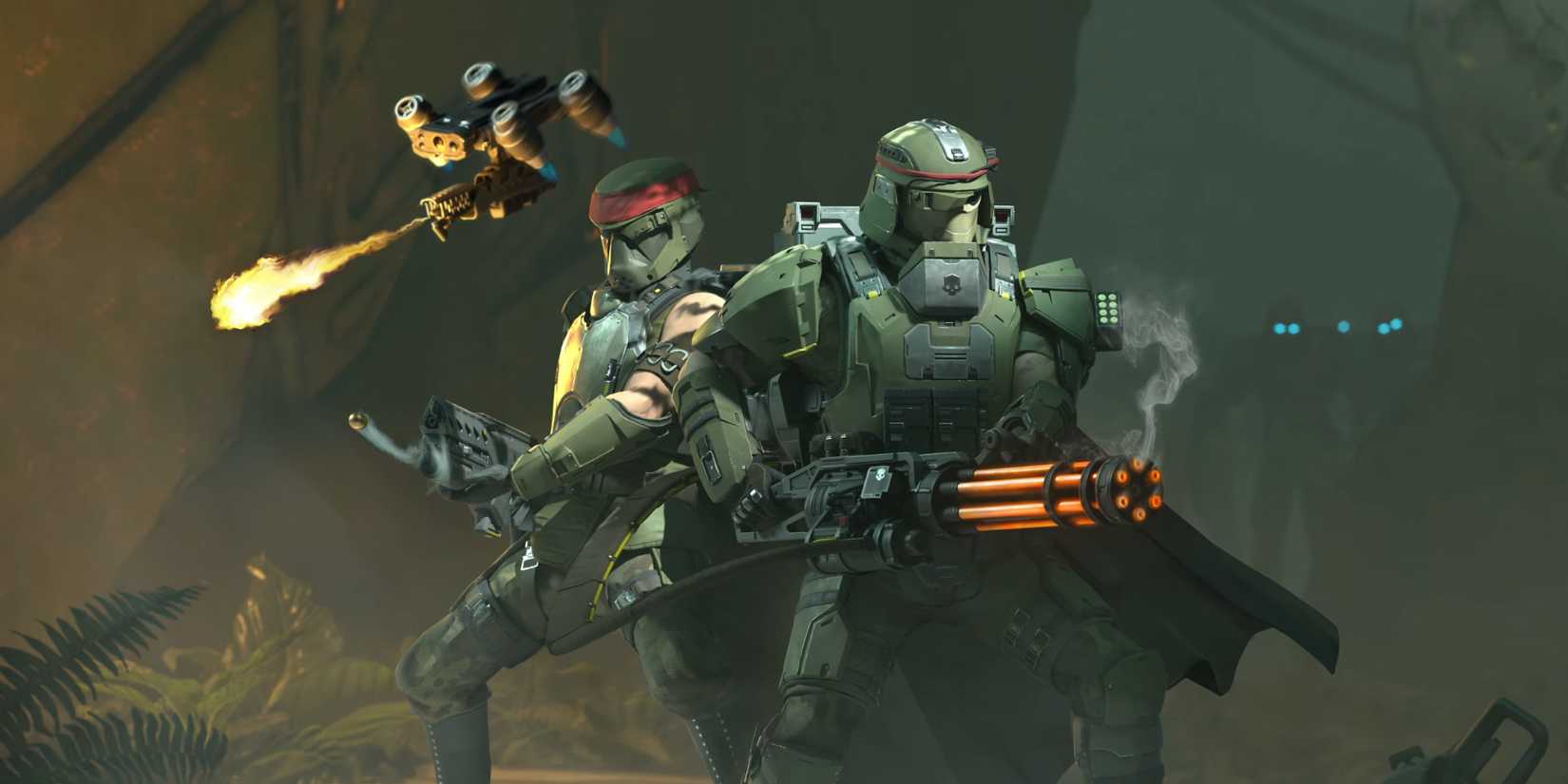 Two Helldivers wearing the armor and holding the weapons from the Python Commandos Warbond.