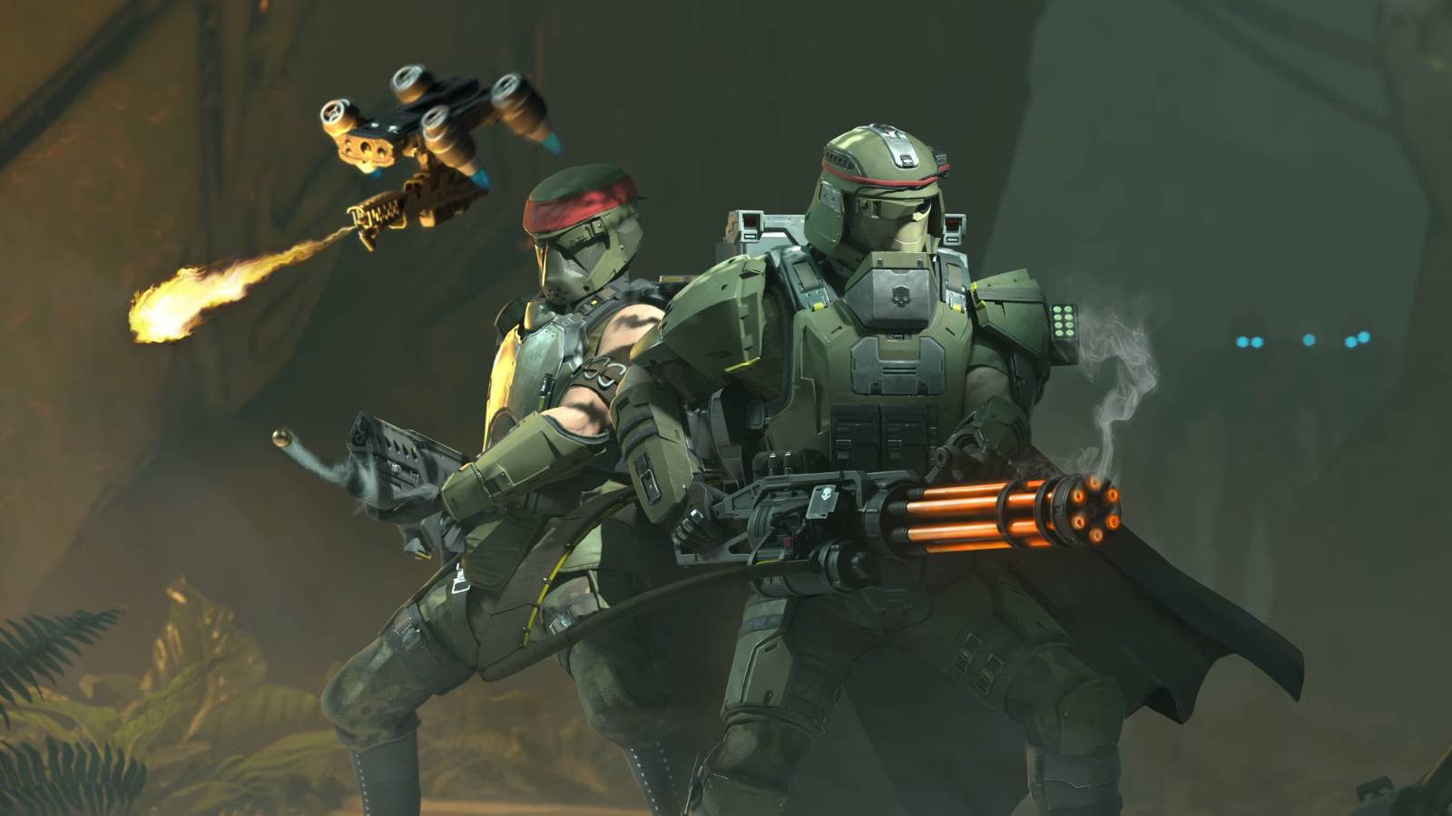 Two Helldivers wearing the armor and holding the weapons from the Python Commandos Warbond.