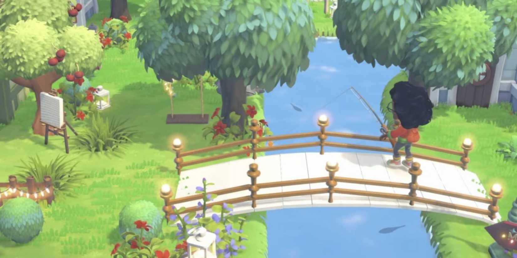 Hokko Life game with a character fishing from a bridge