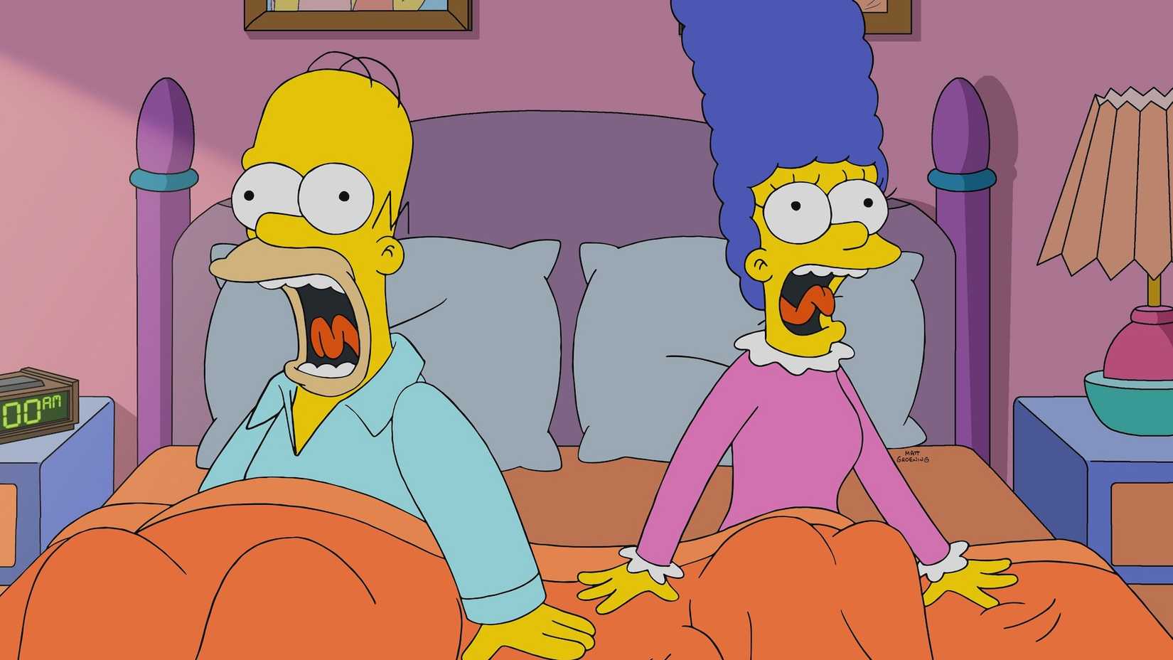 Homer and Marge sit in bed screaming in The Simpsons