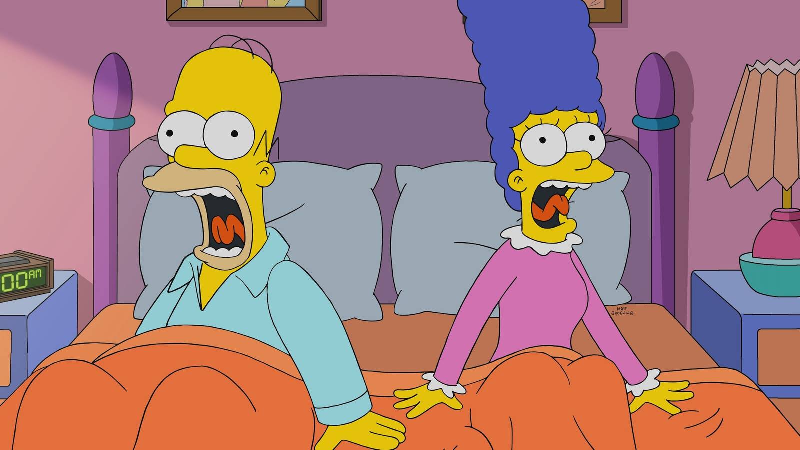 Homer and Marge sit in bed screaming in The Simpsons