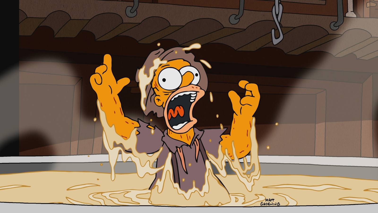 Homer trapped in a pot of hot oil in The Simpsons Treehouse of Horror XXXV