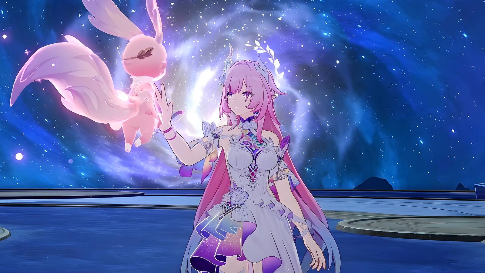 Cyrene holds a hand up to Mem in Honkai: Star Rail.