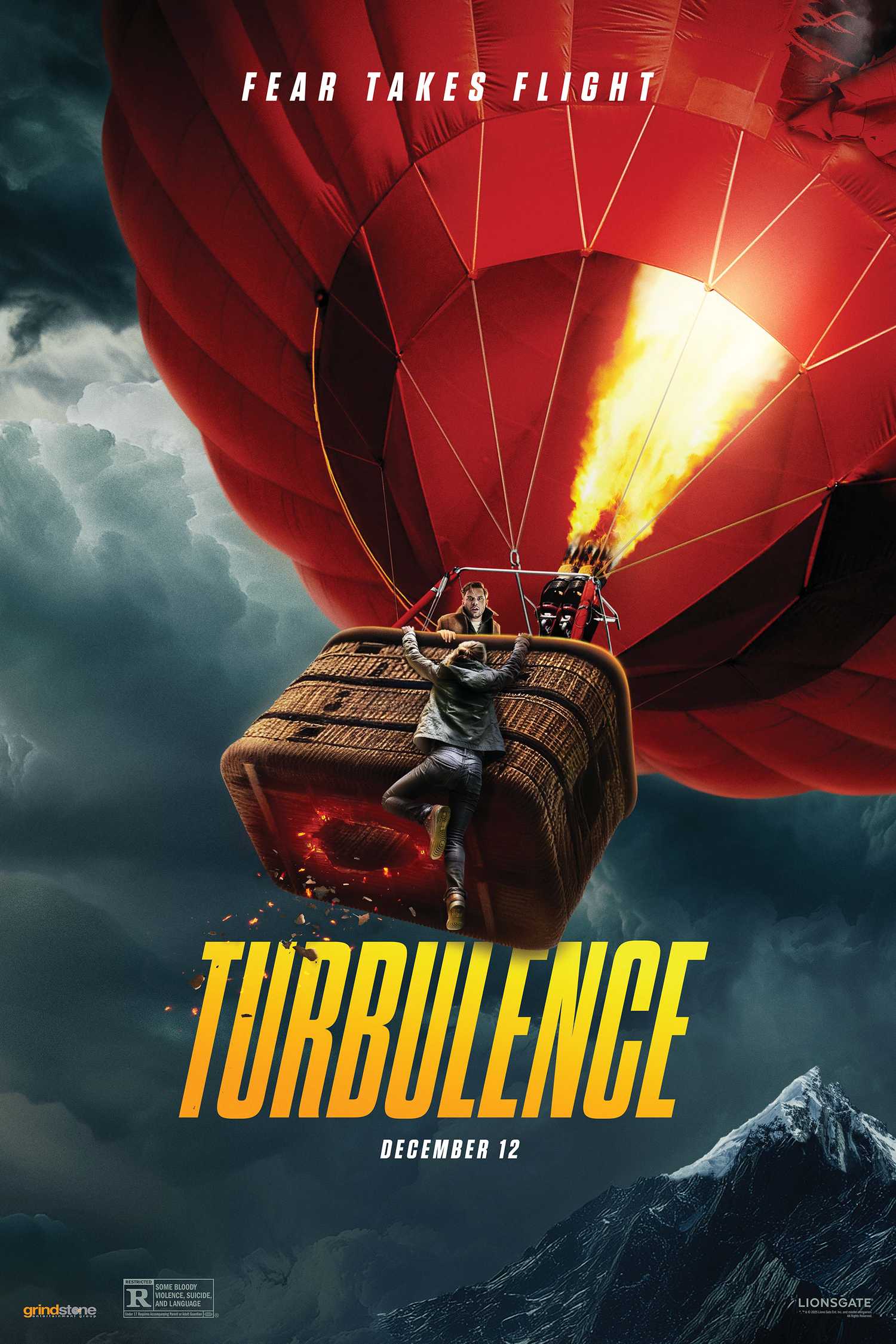 Pôster do filme Turbulence com Kelsey Grammer em um balão de ar quente.