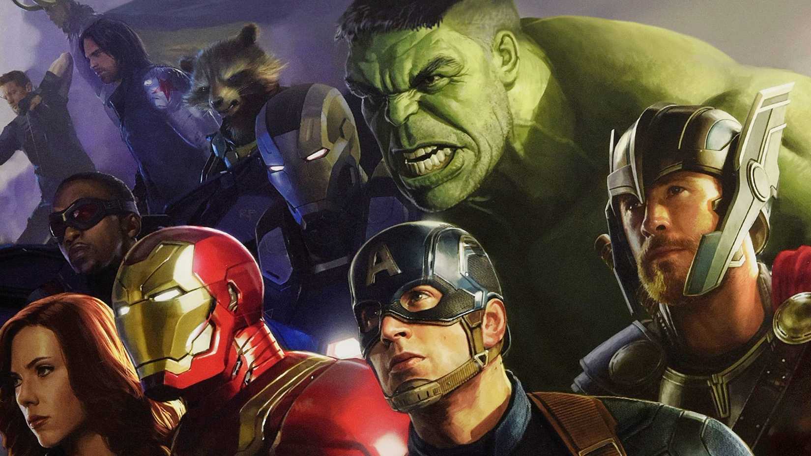 Hulk, Capitão América, Thor, Homem de Ferro e os outros Vingadores em arte da Saga do Infinito do MCU por Ryan Meinerding