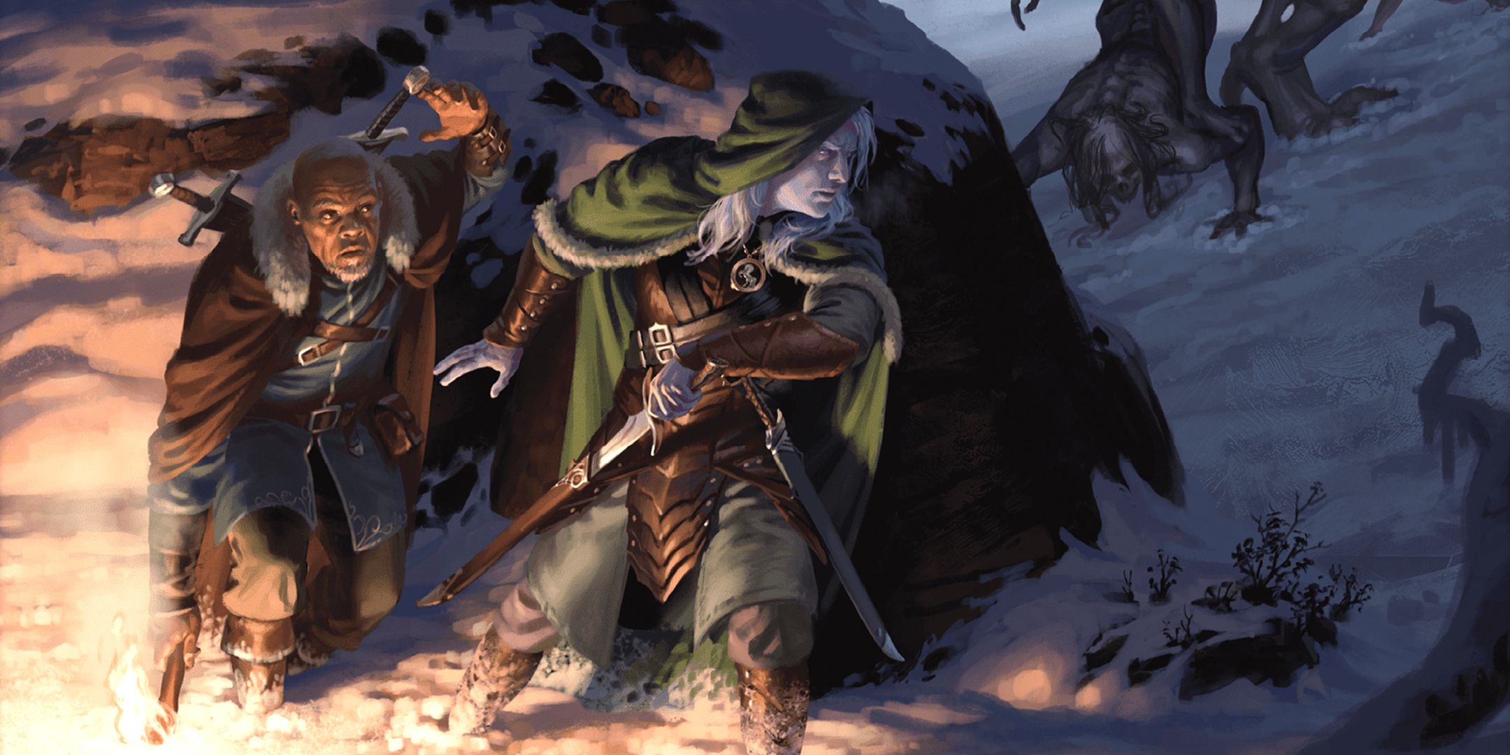 Icewind Dale art from D&D's Adventures in Faerun showing two adventurers attempting to ambush enemies