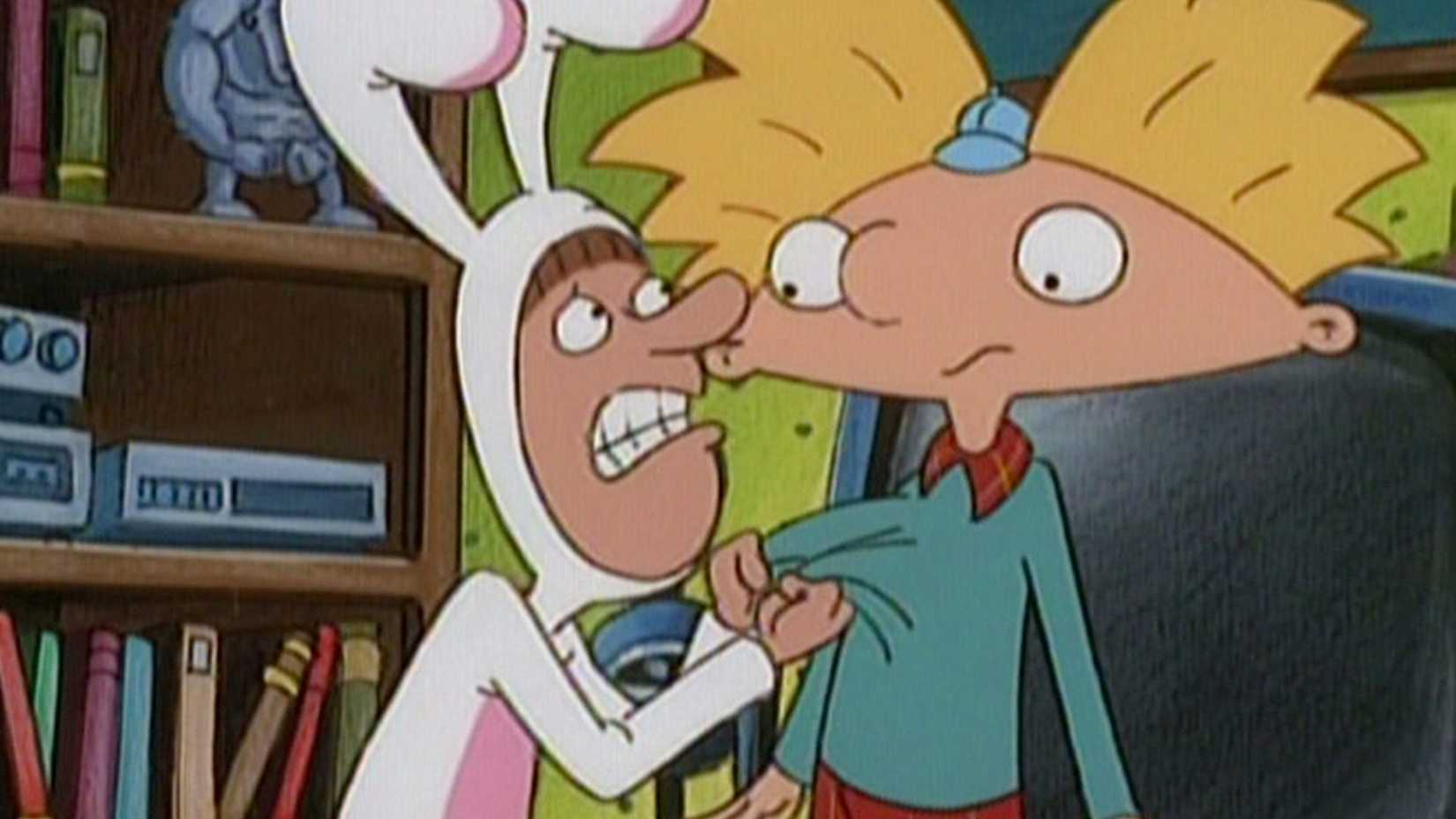 Iggy usando pijamas de coelho e implorando a Arnold em Hey Arnold.