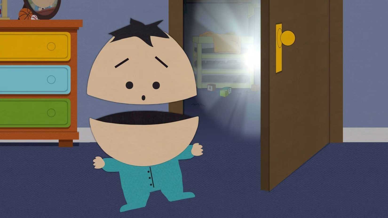 ike screaming in terror at a glowing entity outside his bedroom door in south park