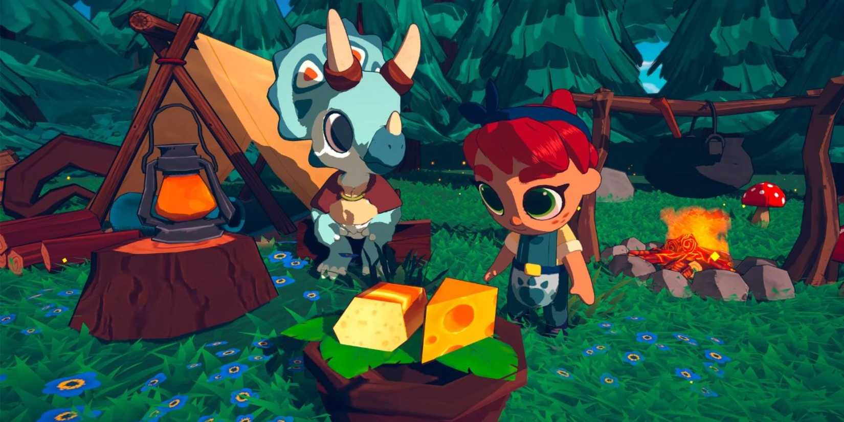 Image from the game Amber Isle where a player character and a dinosaur are eating lunch together