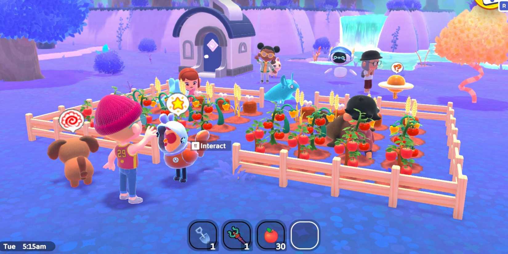 Image from the game Galactic Getaway with a tomato farm with several characters and alien animals
