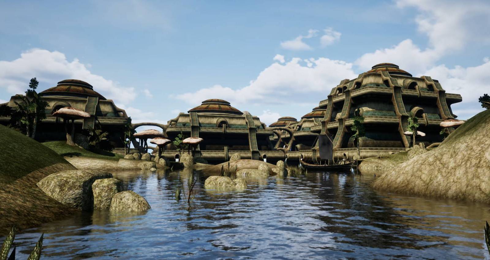 Elder Scrolls 3 Morrowind city settlement with visual improvement mod