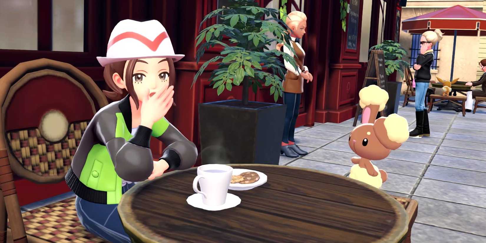 Тренер Pokémon Legends Z-A с Pokémon Buneary в кафе Lumiose City