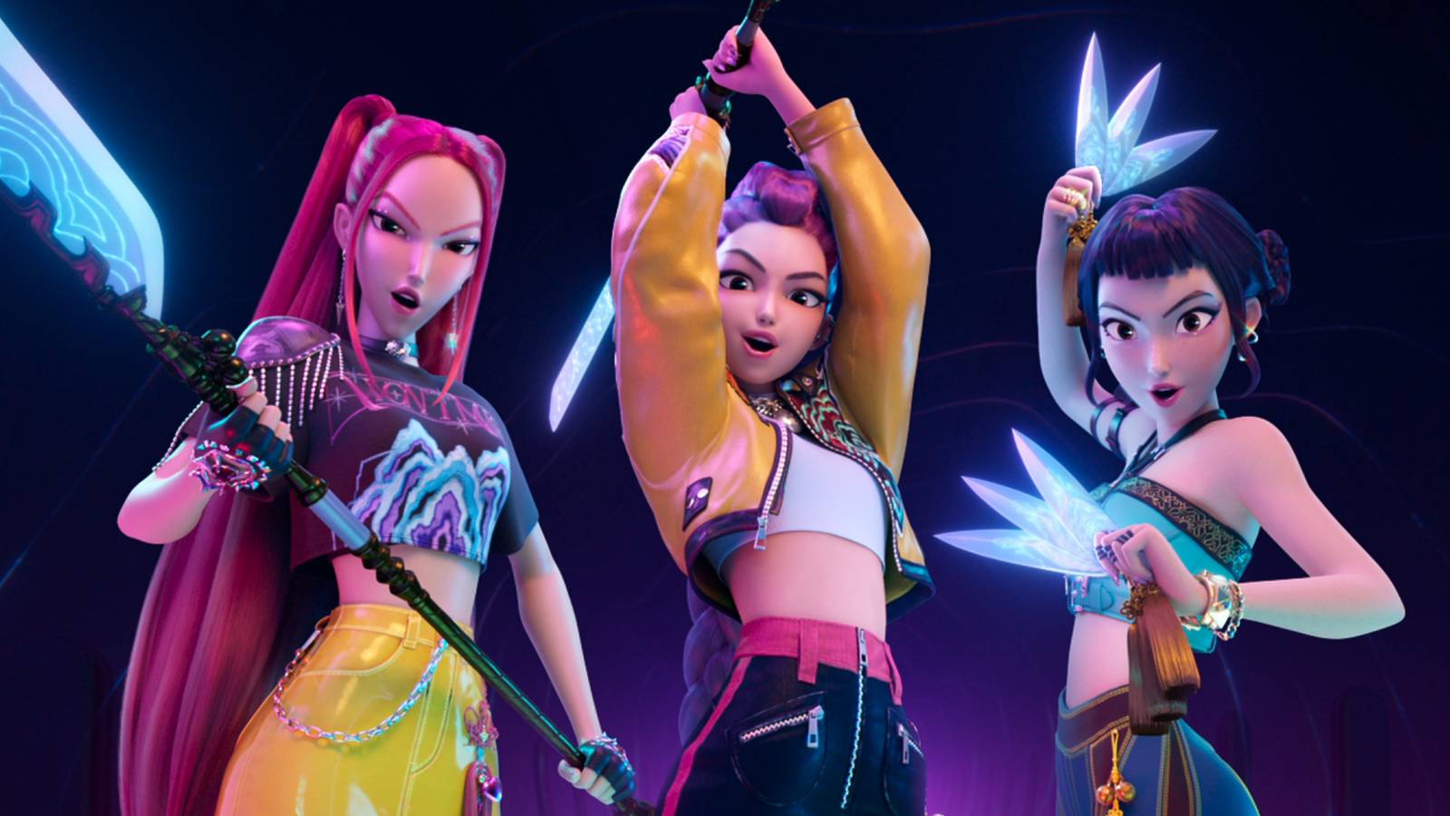 Mira, Rumi, and Zoey wielding their weapon in KPop Demon Hunters