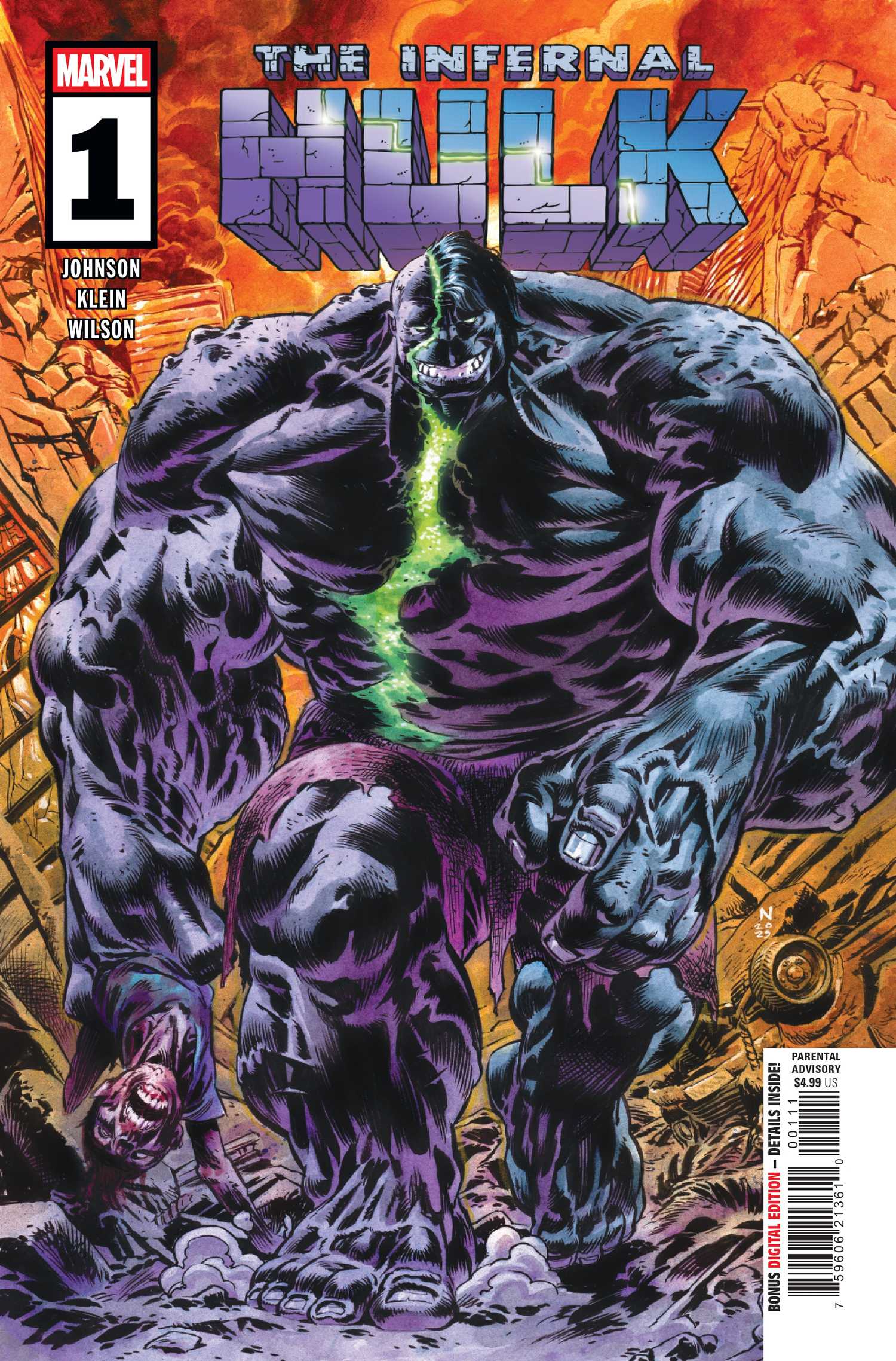 Infernal Hulk #1's titular Gamma monster walks with a dead body in his hand