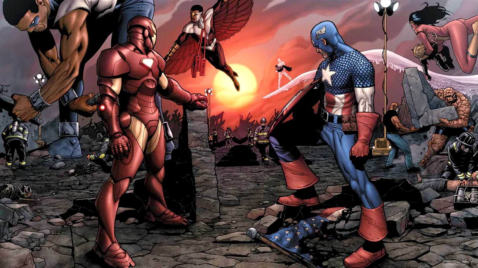 Iron Man and Captain America see the Avengers help first responders attend the Stamford Incident in Civil War