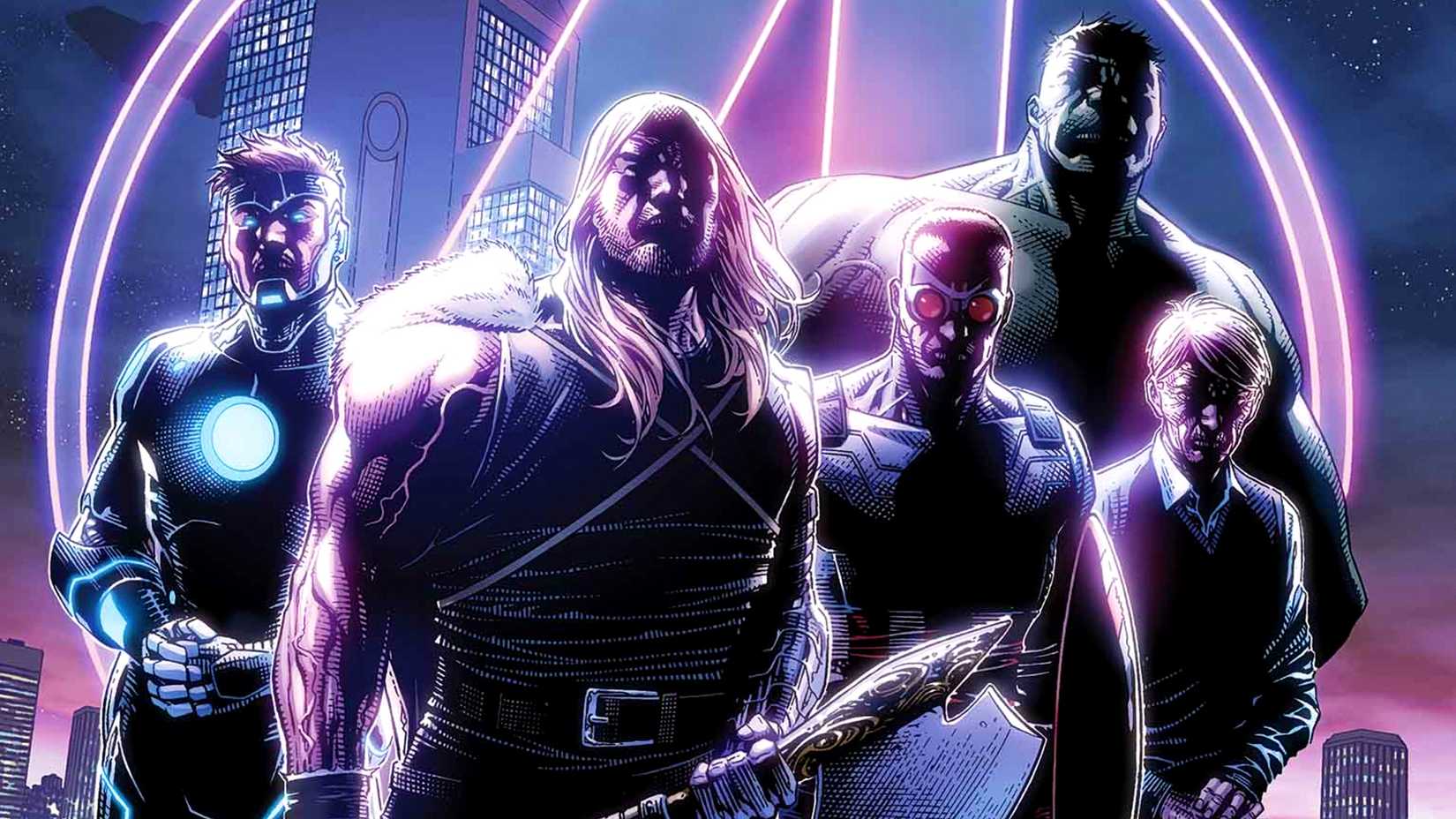 Iron Man, Thor, Hulk, Sam Wilson, and Steve Rogers stand in the dark in front of the Avengers emblem in Time Runs Out comic cover