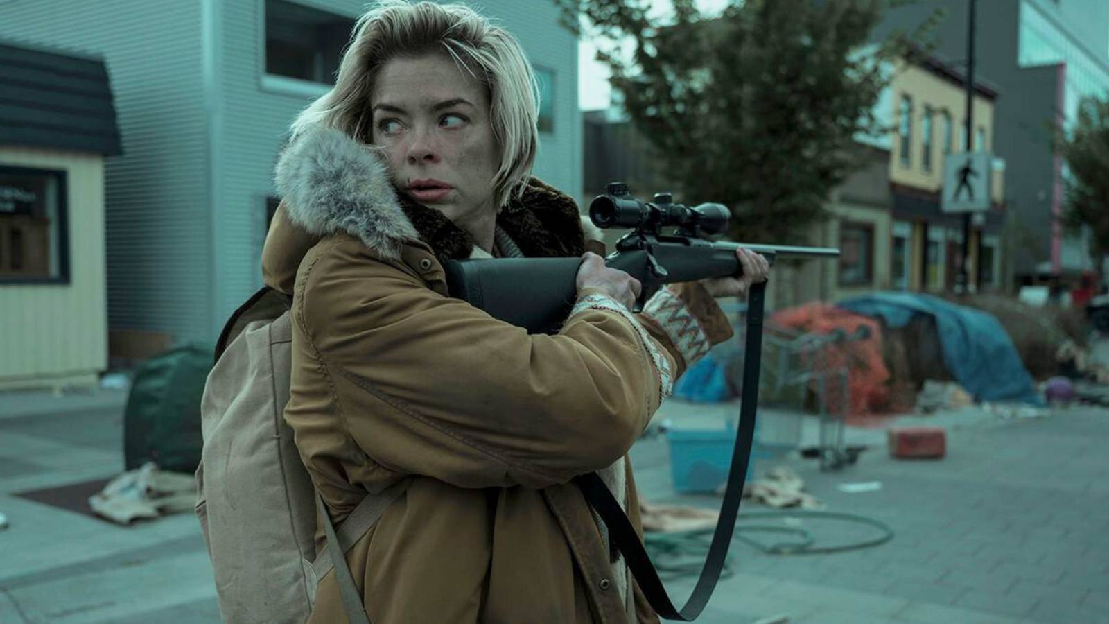 Jaime King scouting for zombies in Black Summer