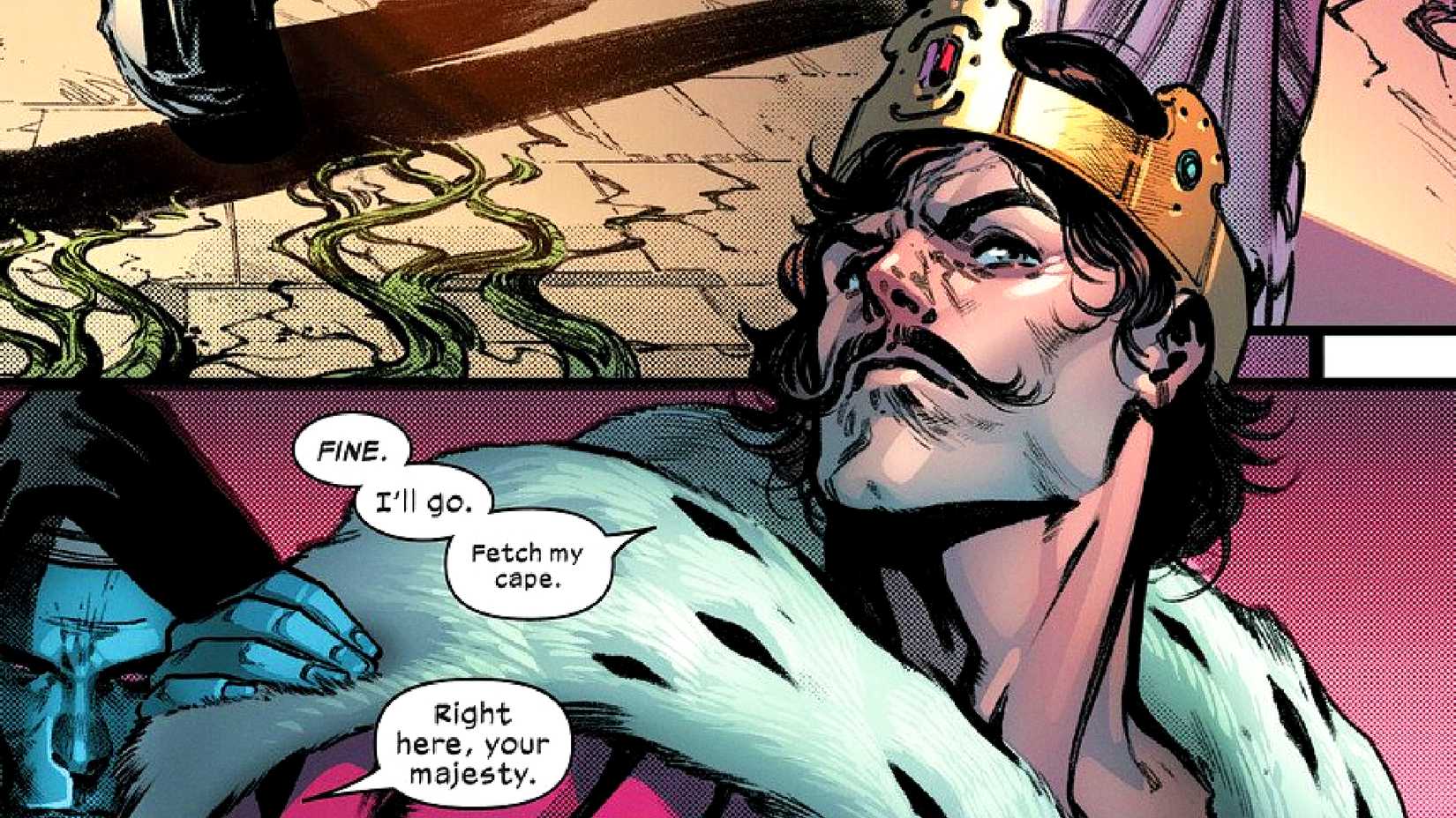 Jamie Braddock aka Monarch asks a servant to remove his cape in Planet-Size X-Men