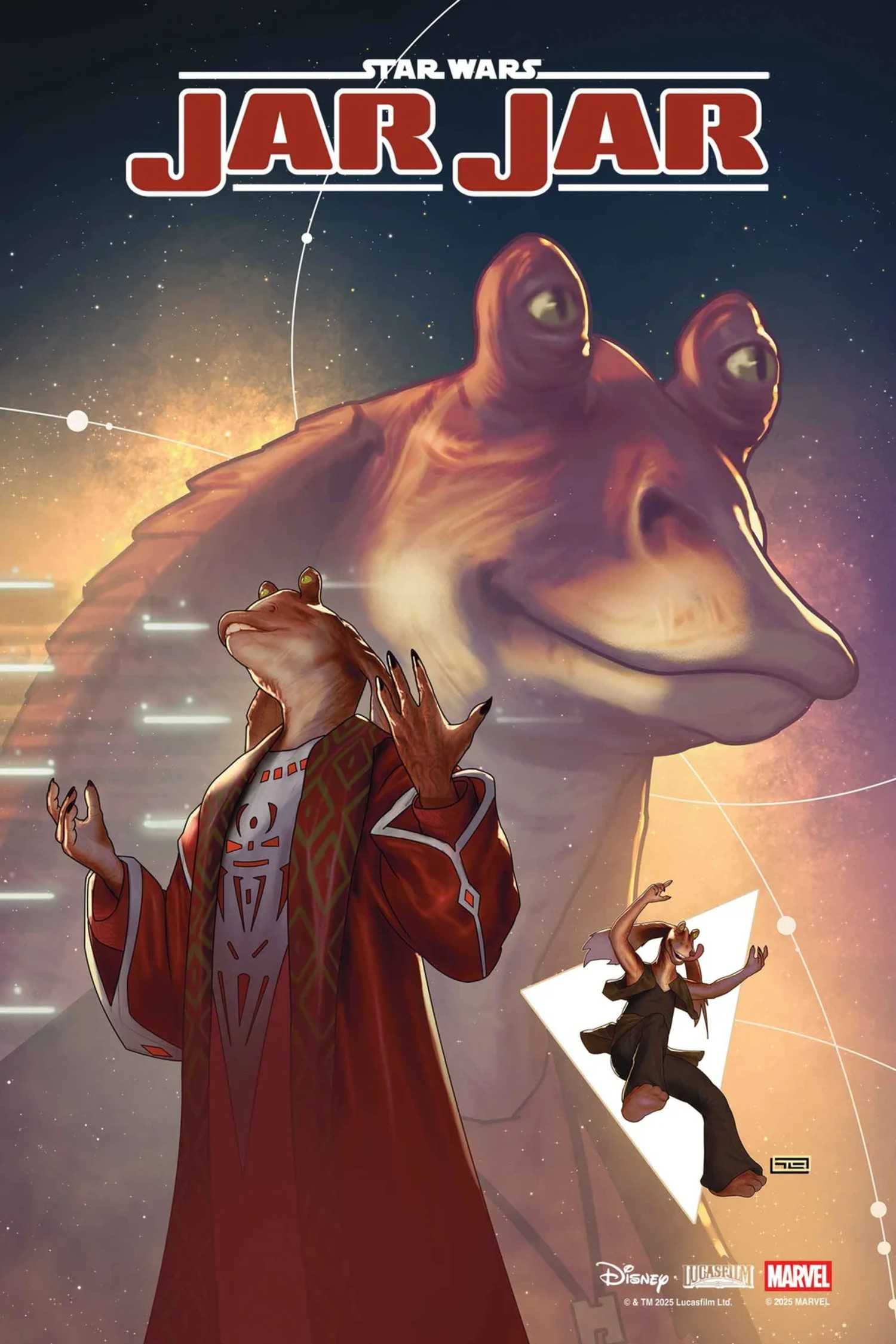 Jar Jar #1 cover, Jar Jary praying as a larger Jar Jar looms over him