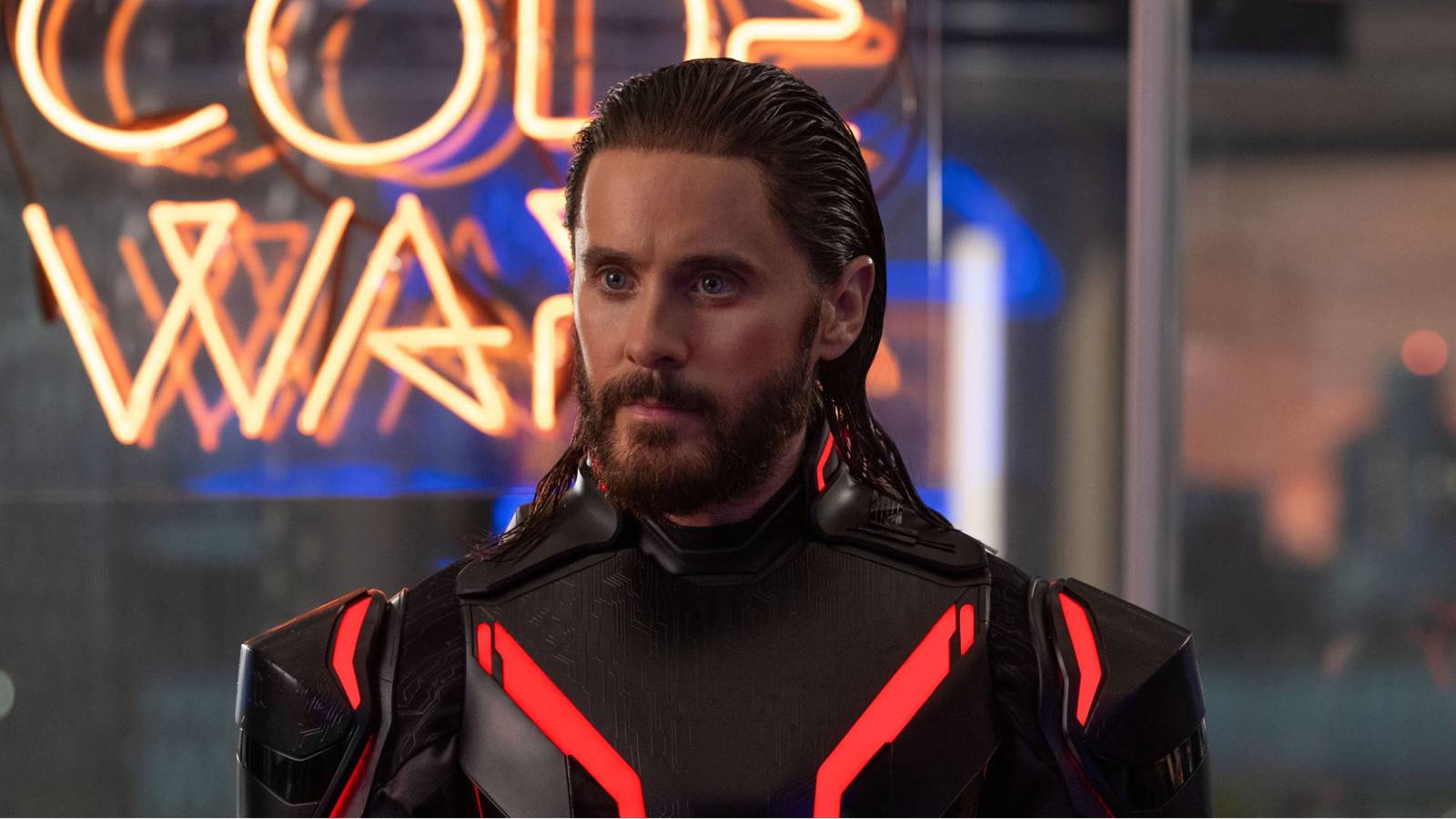 Jared Leto wearing a glowing suit in Tron Ares