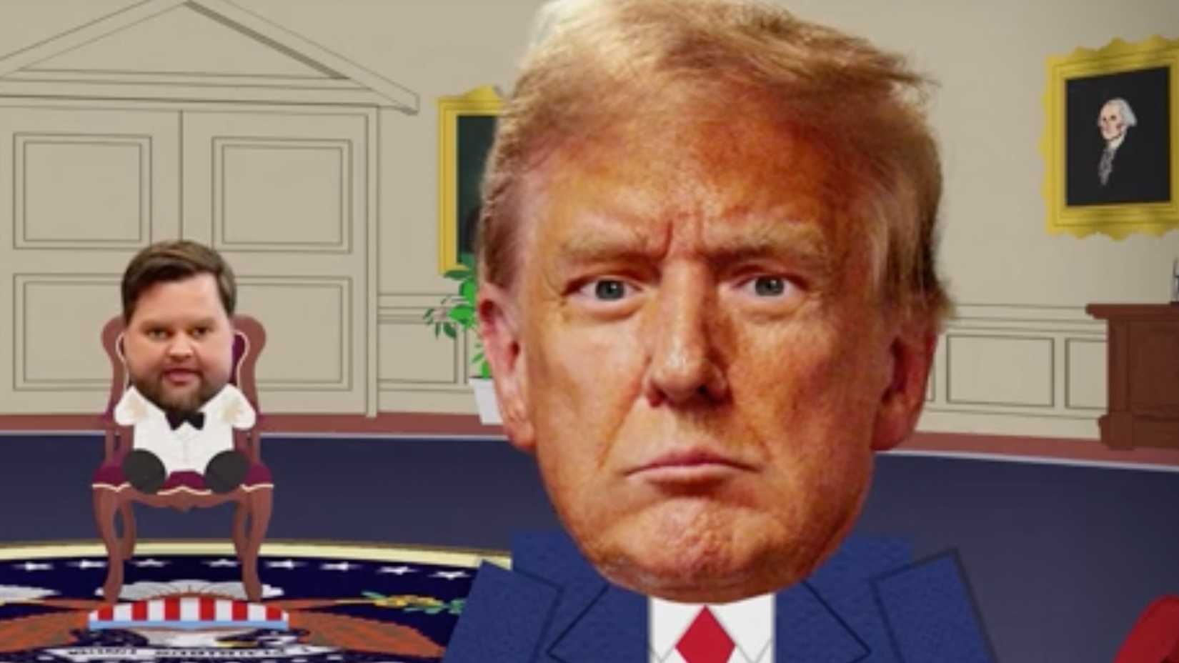 JD Vance e Donald Trump no Salão Oval de South Park, temporada 28, episódio 3