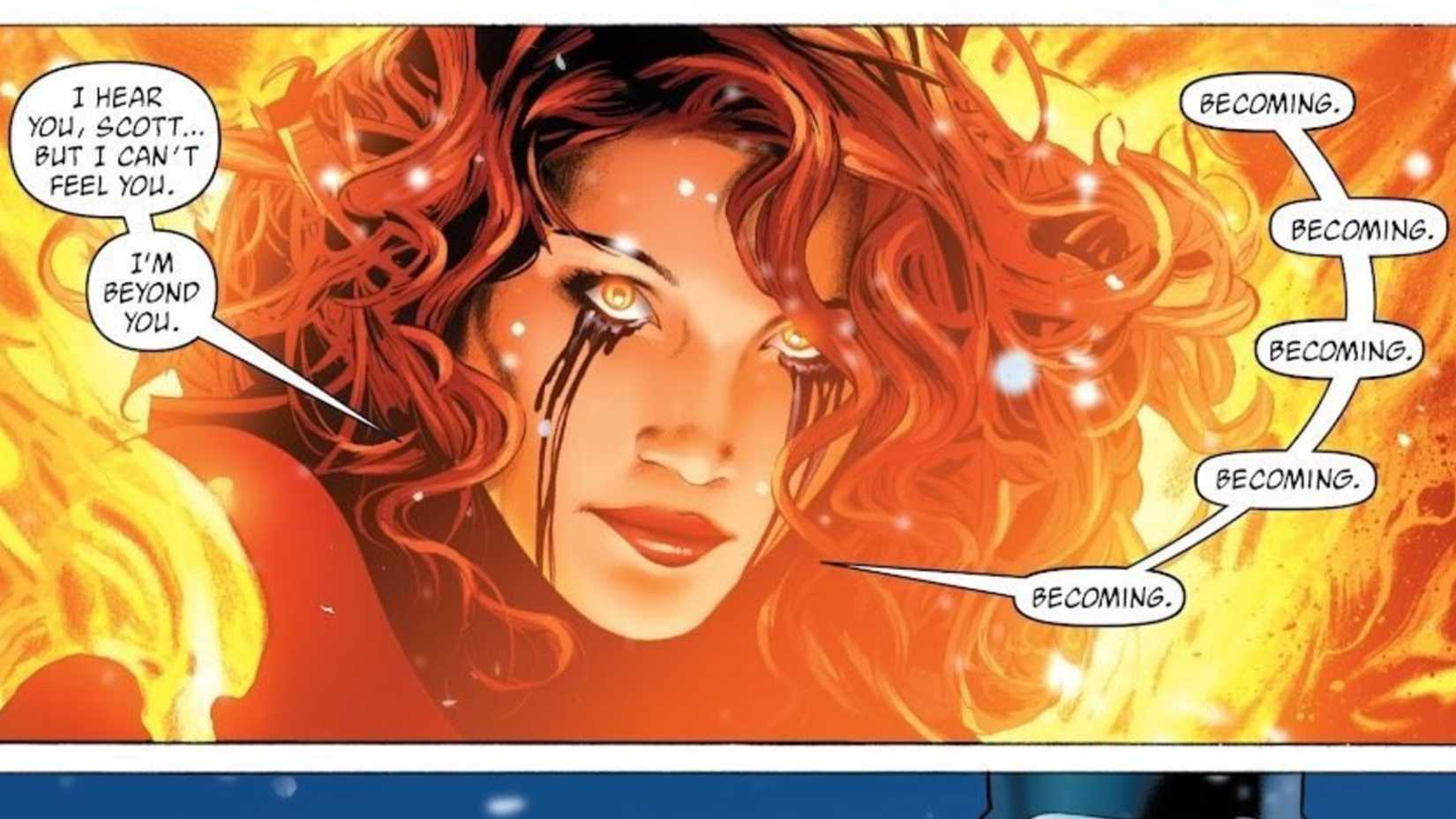Jean Grey cries as she's possessed by the Phoenix Force in X-Men Endsong #5