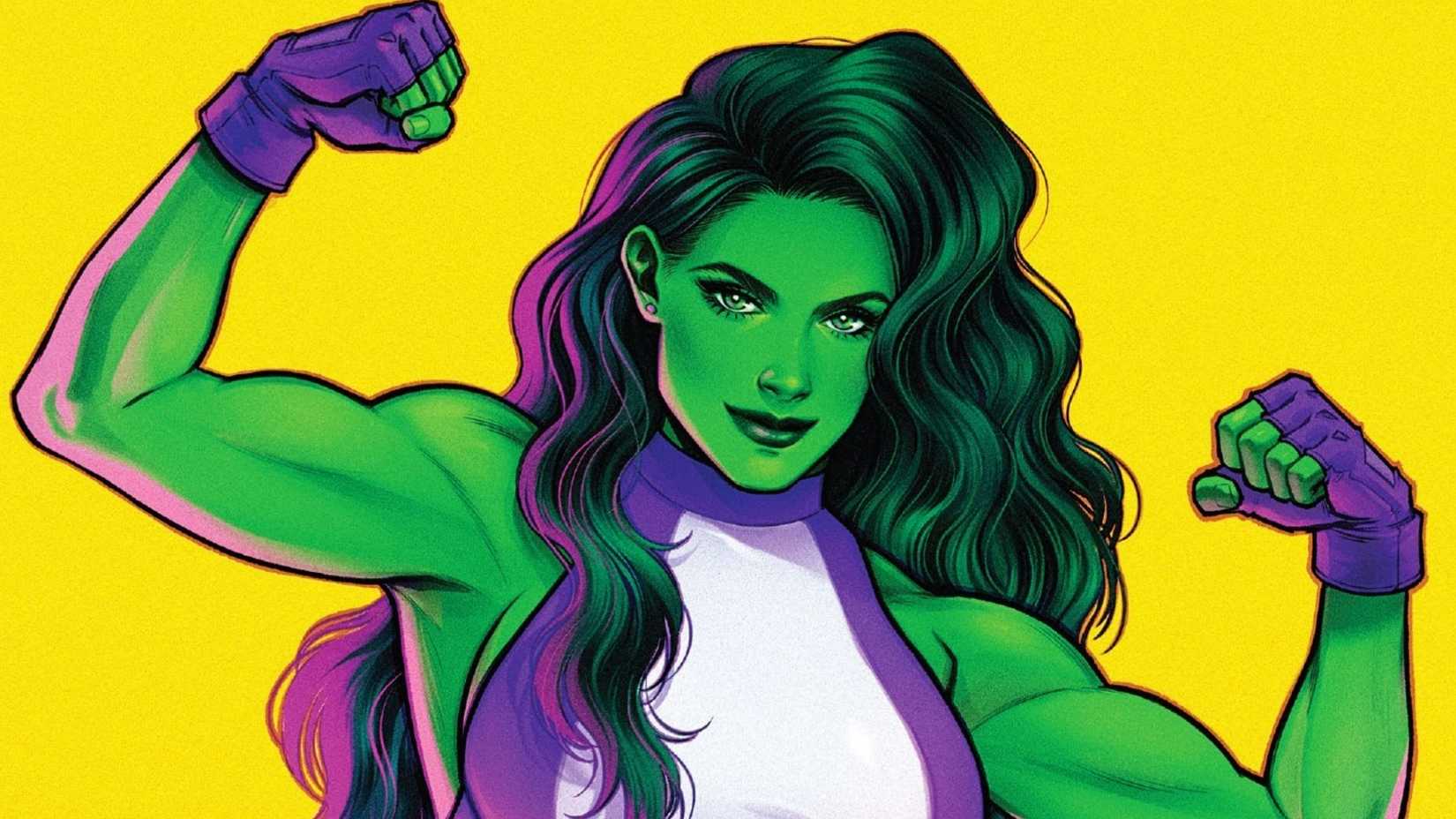 Jennifer Walters aka She-Hulk flexes her arms in front of a bright yellow background in Marvel Comics cover art