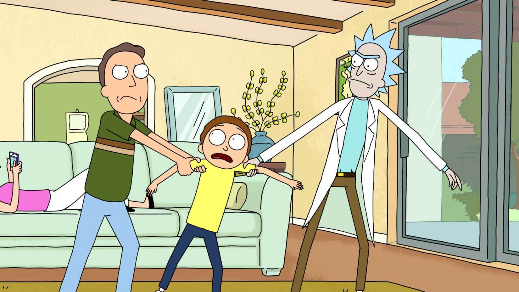 Jerry e Rick puxam Morty em direções opostas em Rick & Morty