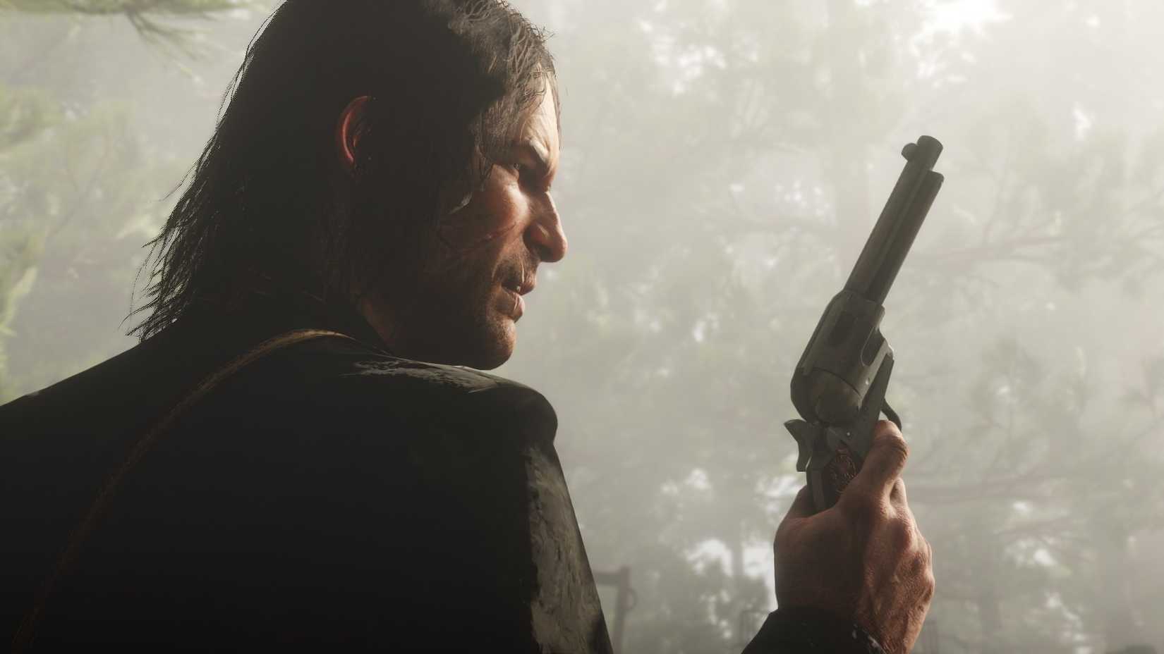 John Marston hold his revolver and looks to the distance 