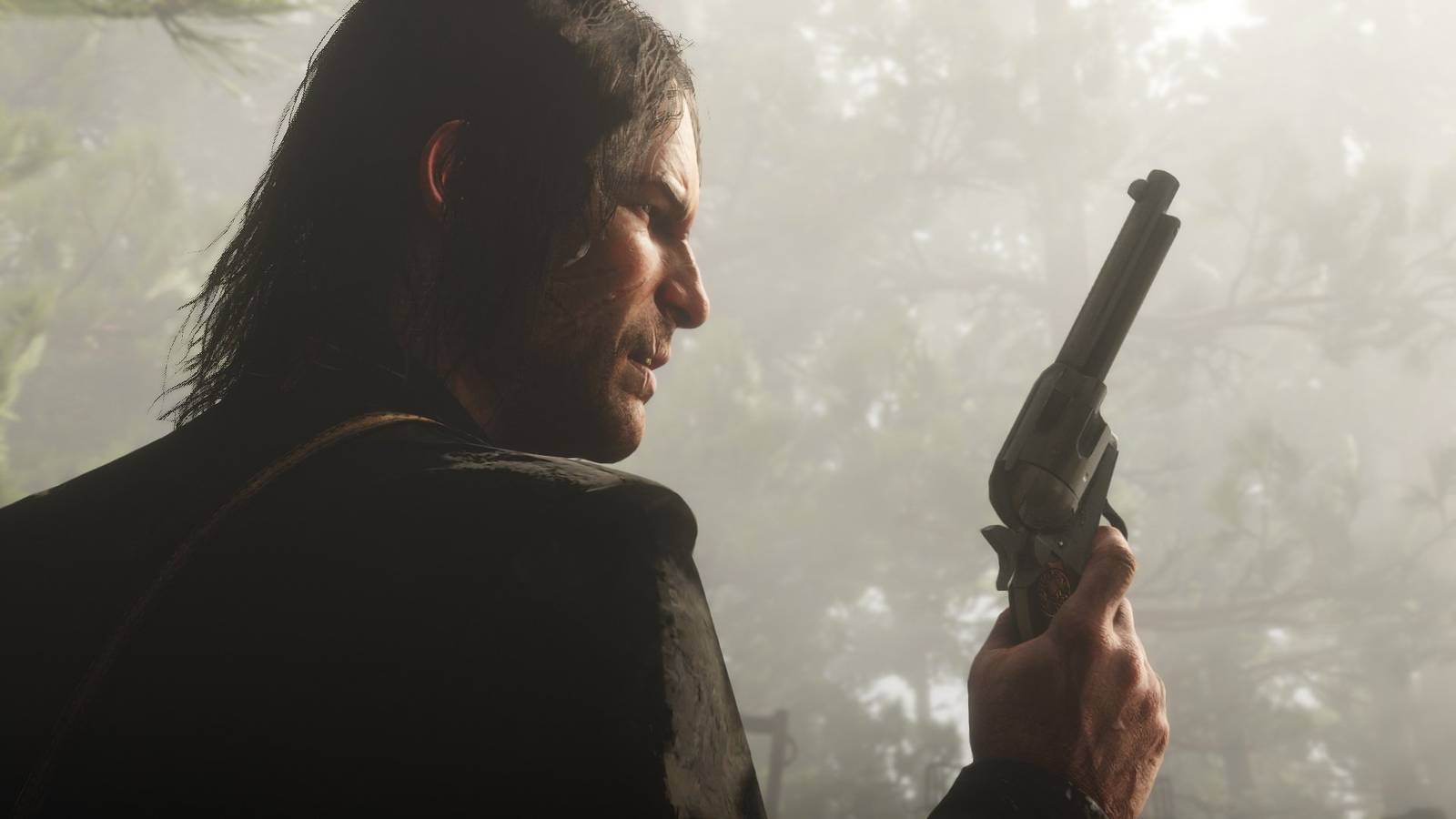 John Marston hold his revolver and looks to the distance 
