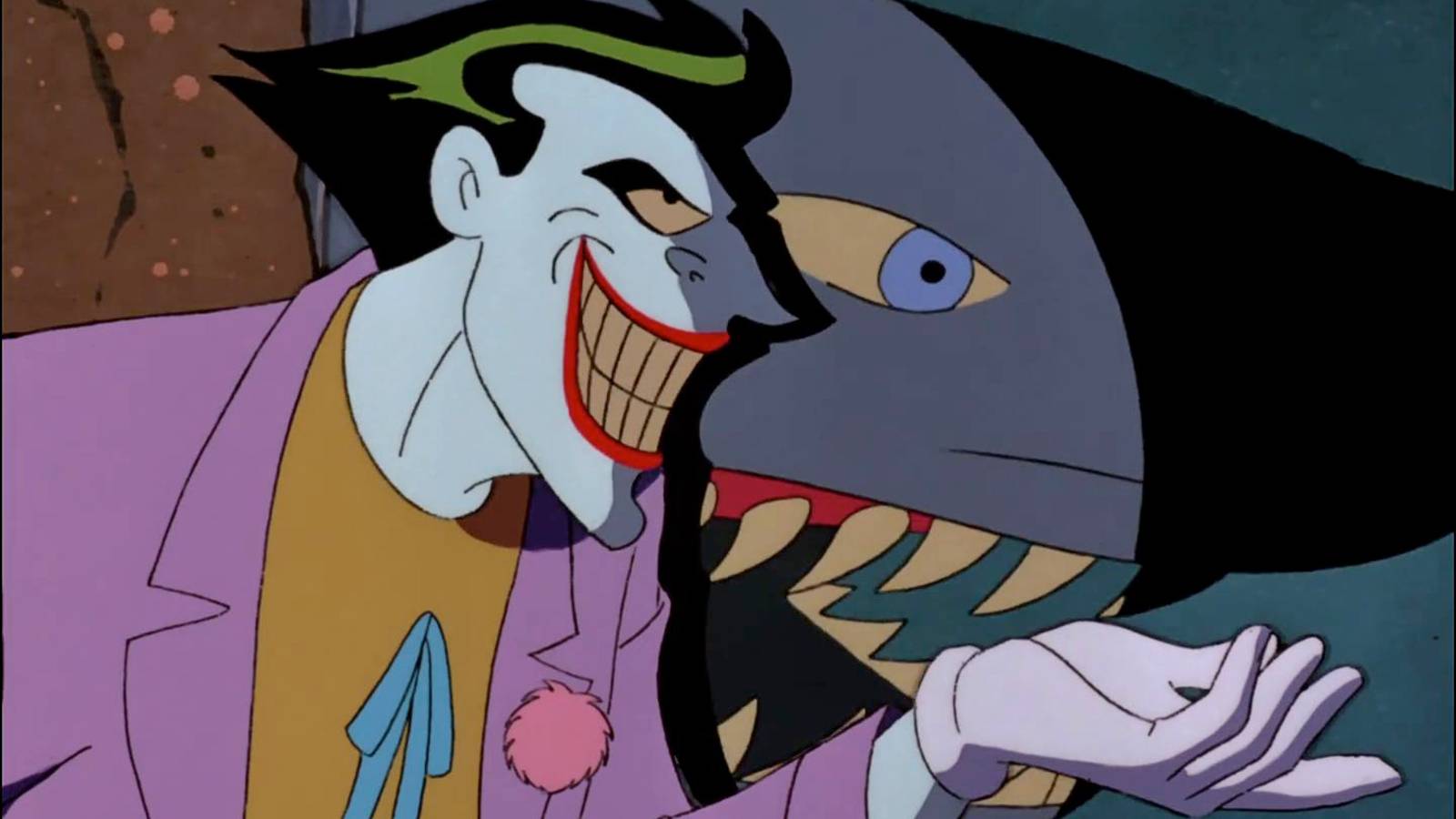 Joker smiling in front of a shark in Batman the animated Series