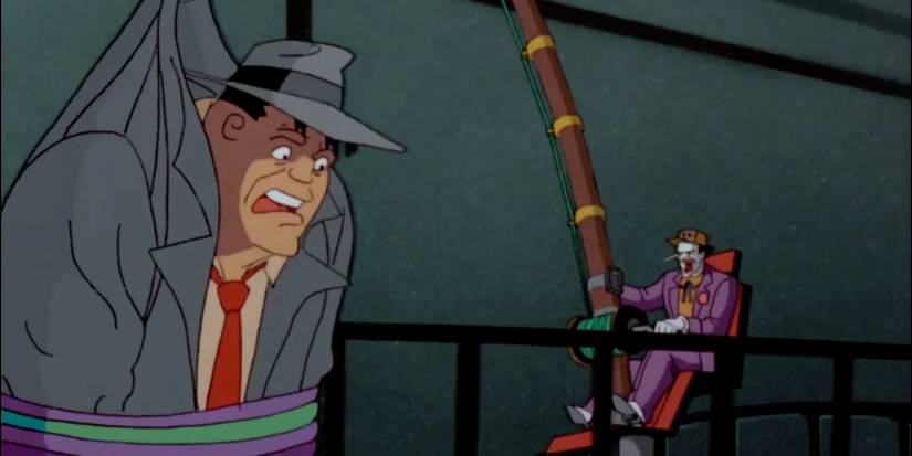 Coringa com Bullock pendurado em uma vara de pescar gigante em Batman: A Série Animada
