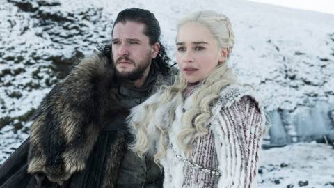 Jon Snow and Daenerys Targaryen standing in a snowy field in Game of Thrones season 8