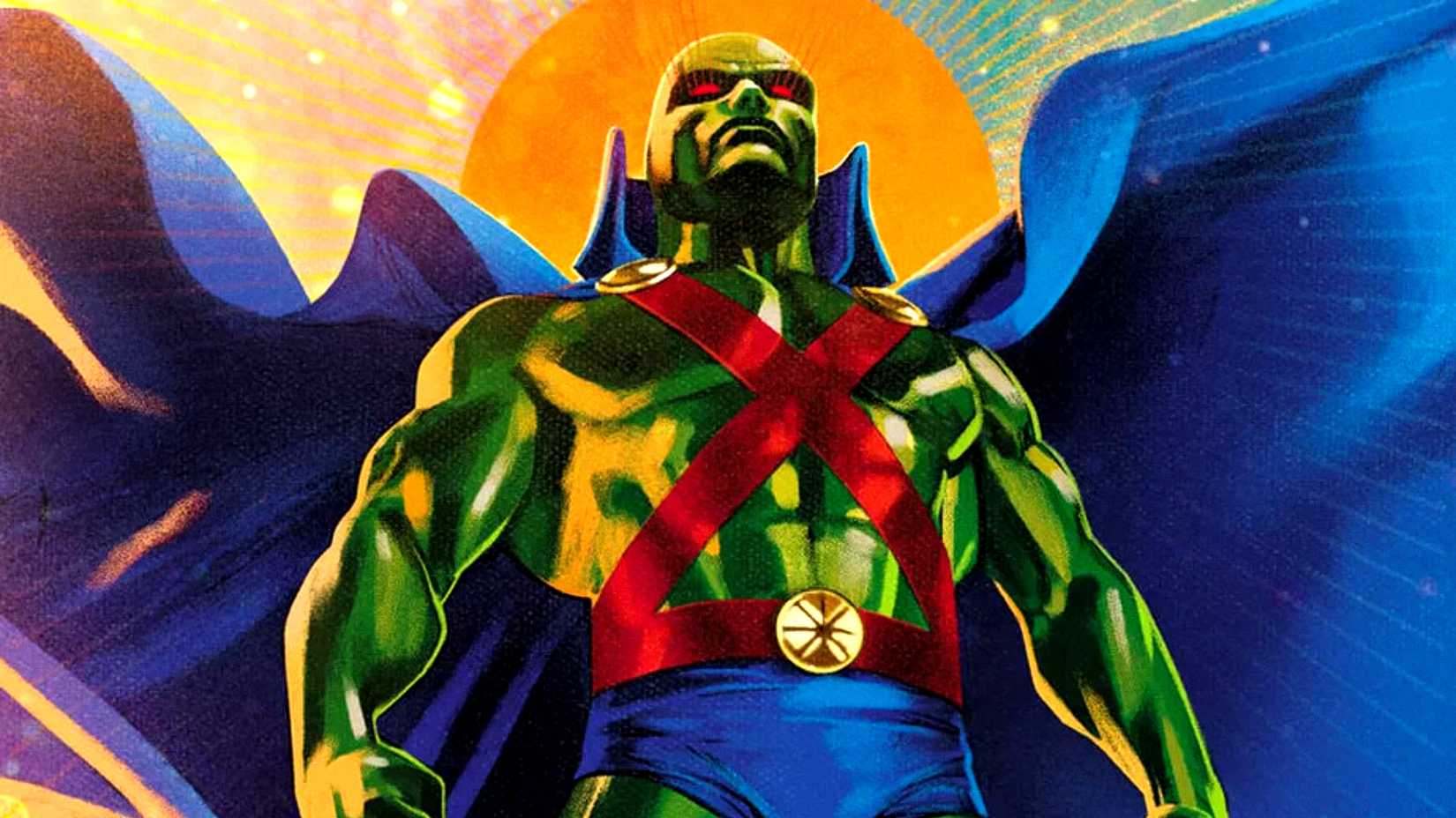 Jonn Jonzz aka Martian Manhunter flies with his cape flowing in the wind in DC Comics art