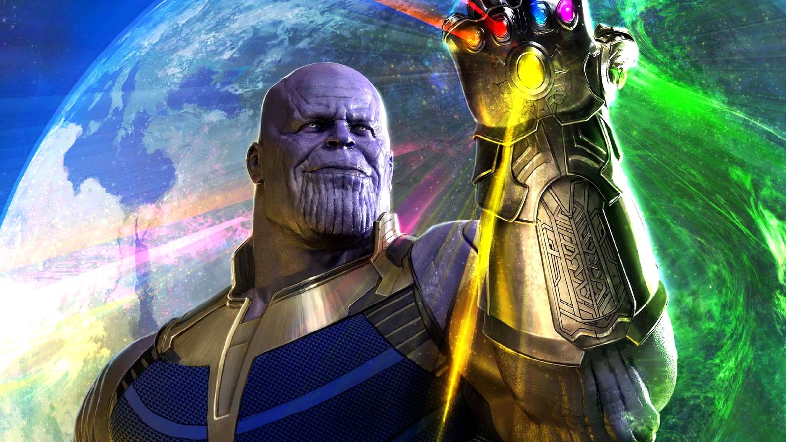 Josh Brolin's Thanos smiles as he performs the snap with the gauntlet in Avengers Infinity War