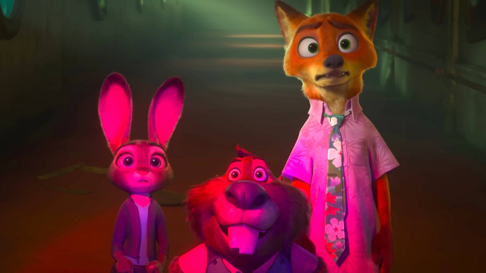 Judy and Nick looking surprised and Nibbles looking excited with a red light glowing on them in Zootopia 2