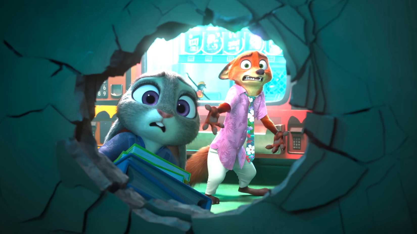 Judy and Nick looking worriedly through a hole in a wall in Zootopia 2