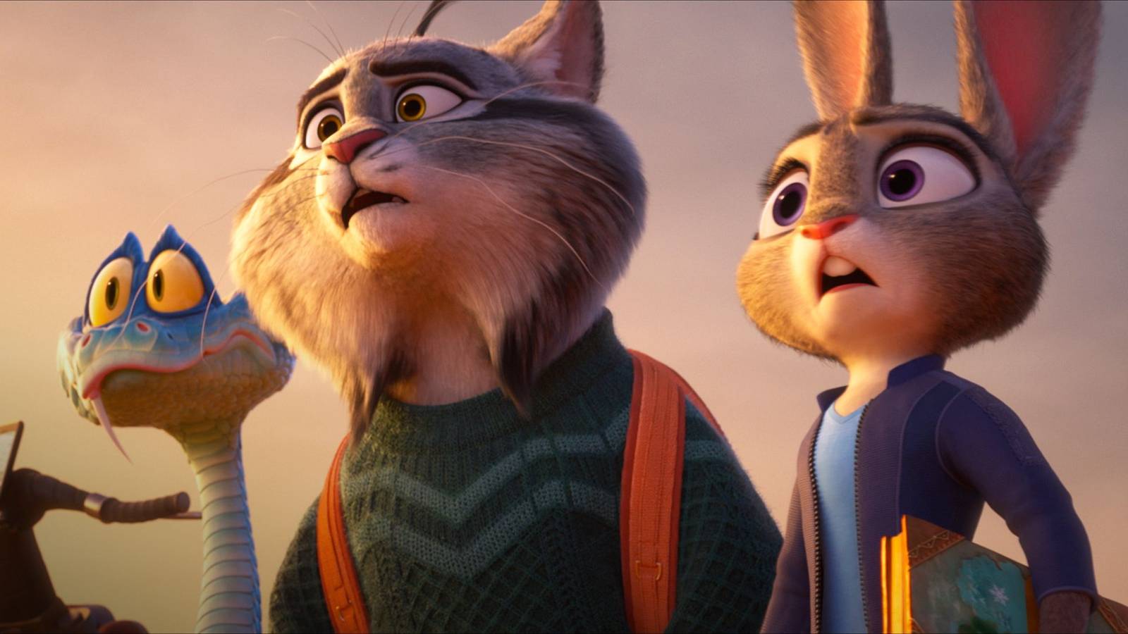 Judy Hopps looking at something alongside two other characters in Zootopia 2