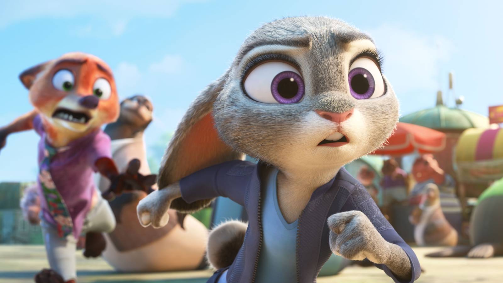 Judy running while Nick tries to catch her in the background in Zootopia 2