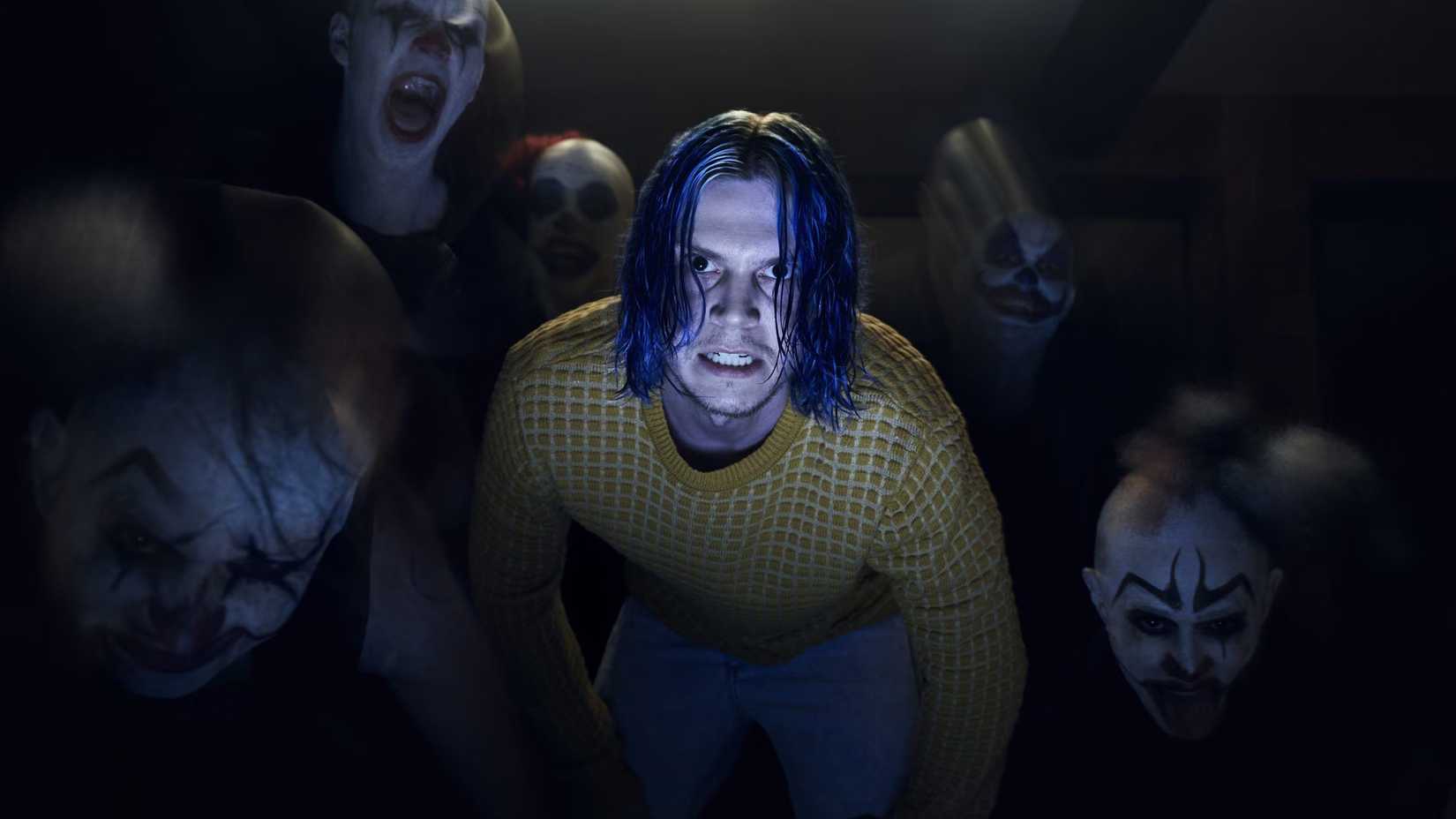 Kai angry surrounded by clowns in American Horror Story Cult