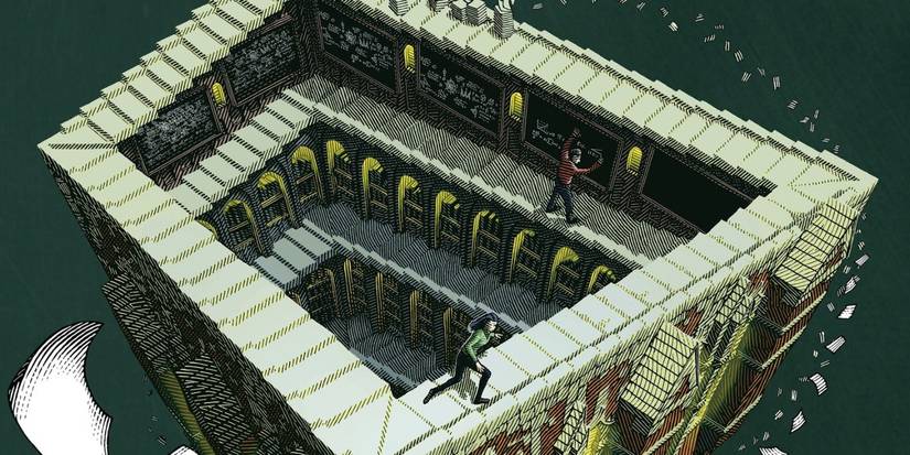 Capa do livro Katabasis mostra uma escola de magia com múltiplos andares