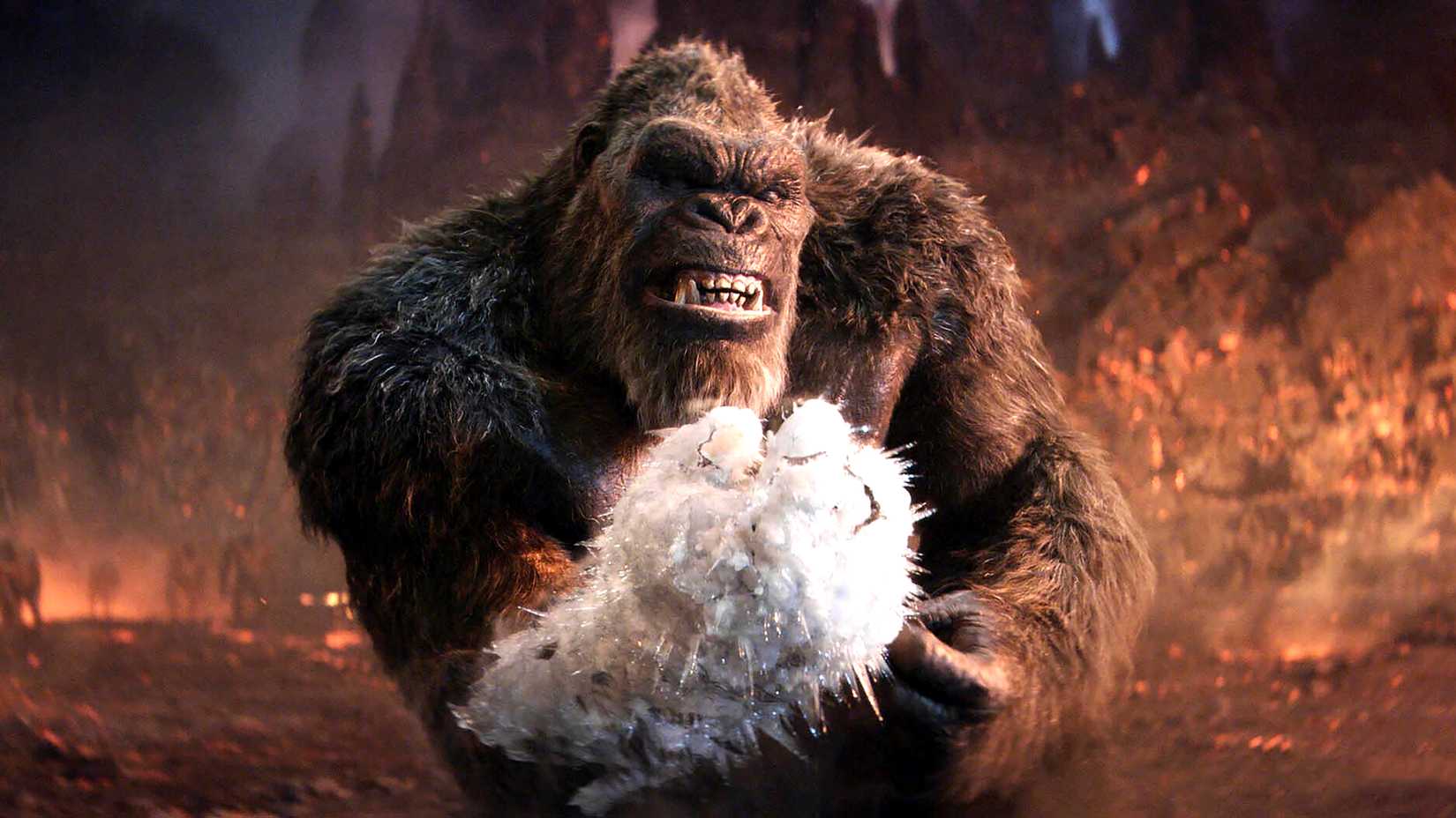 Kong looking in pain with his fist frozen in Godzilla x Kong: The New Empire