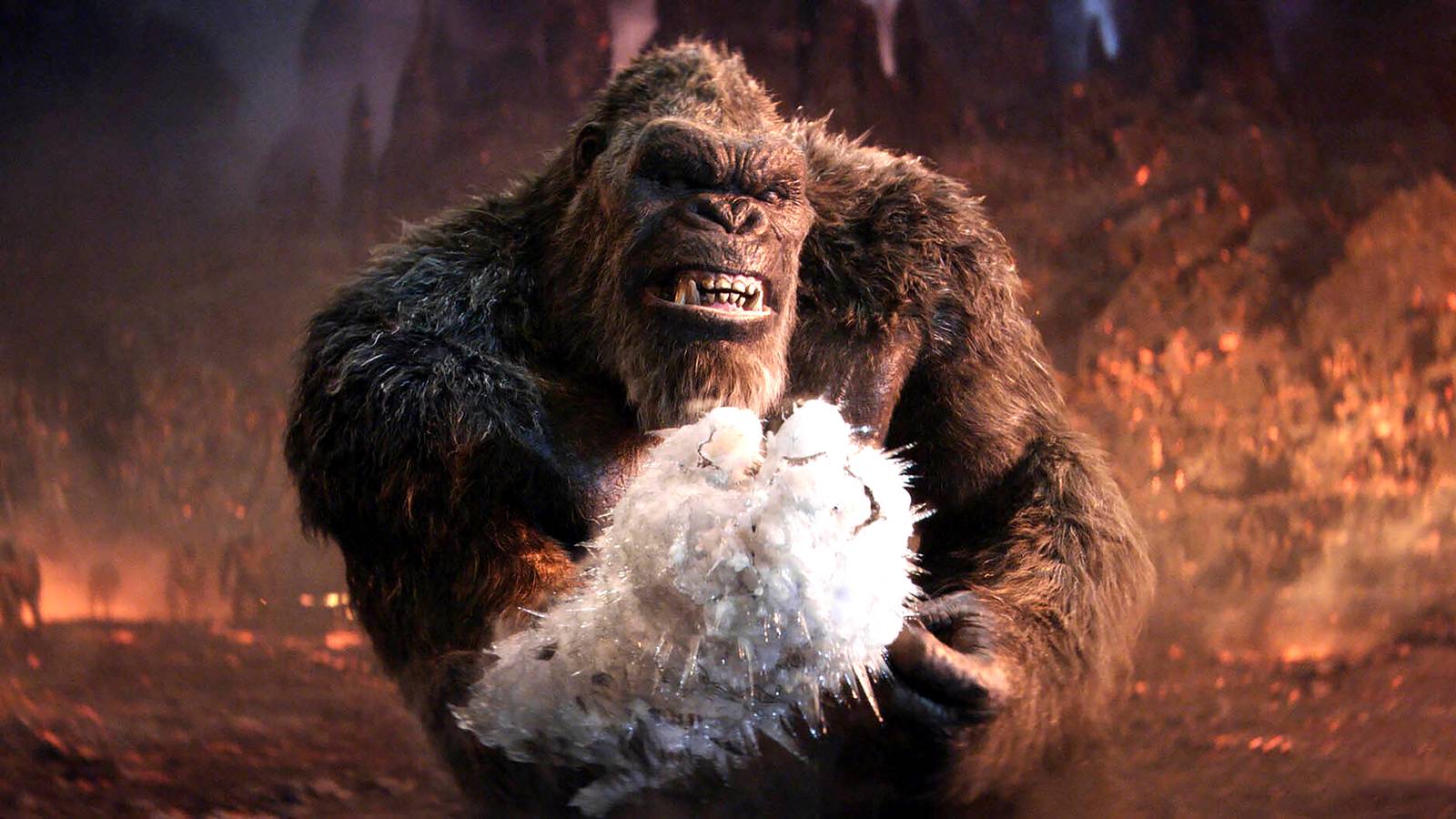Kong looking in pain with his fist frozen in Godzilla x Kong: The New Empire